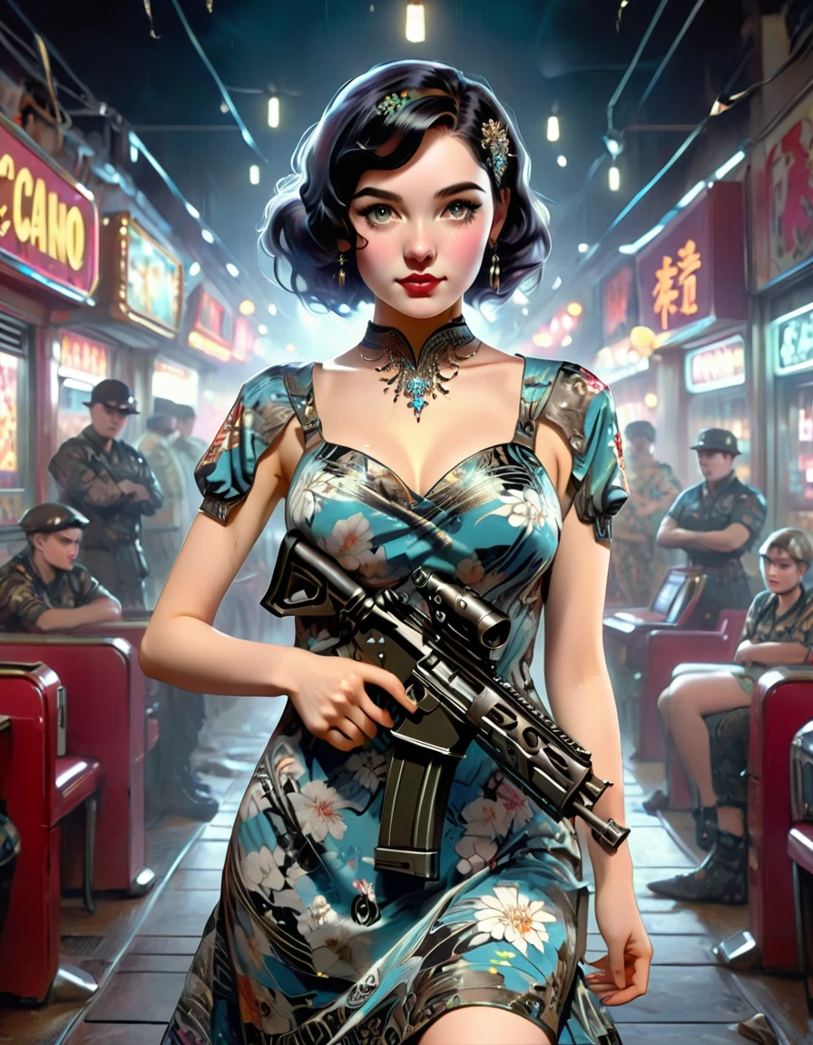 Young and beautiful woman_robot,Retro hairstyle,Retro makeup,Grinning face,Ideal body proportions,Full breasts,((Night camouflage_Tight Fit_Chinese dress:1.9)),(Rapid Fire Assault Rifle:1.7),(motion blur effect:1.5),(The casino was in chaoadness and destruction:1.4),(Highest quality,4K,8K,high resolution,masterpiece:1.2),Ultra Detailed,(lifelike,Photorealistic,Photorealistic:1.37),Detailed facial features,Intricate clothing patterns,striking pose,Dramatic lighting,Film composition,Vibrant colors,Dystopian atmosphere,painting,