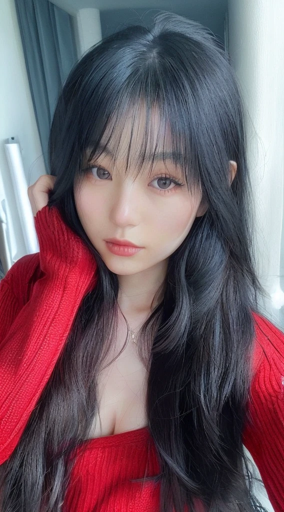 A Japanese woman in her 20s wearing a red knitted sweater、Long black hair、Beauty