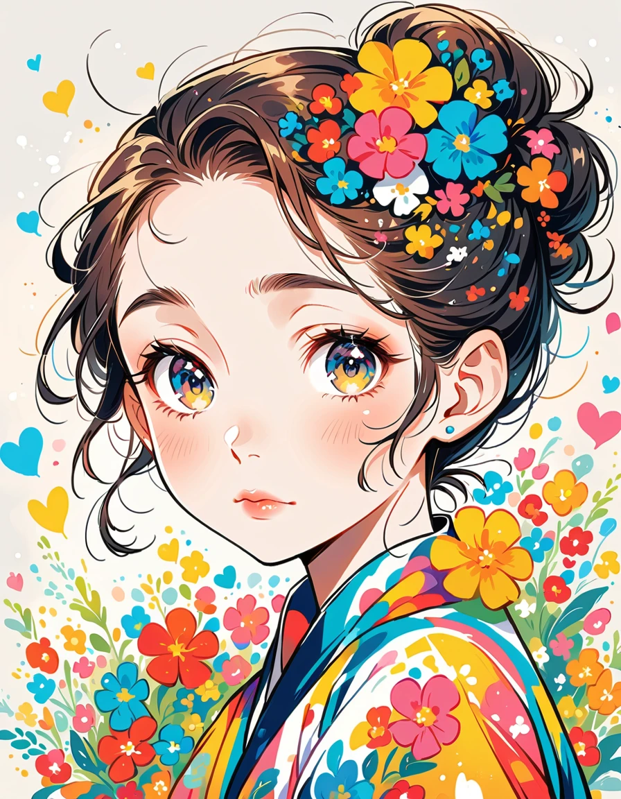 Mika Pikazo Style、The most beautiful girl of all time、Lips in Love、Colorful flowers、colorful hearts, Simple line initials、Abstract art、Urban Background
