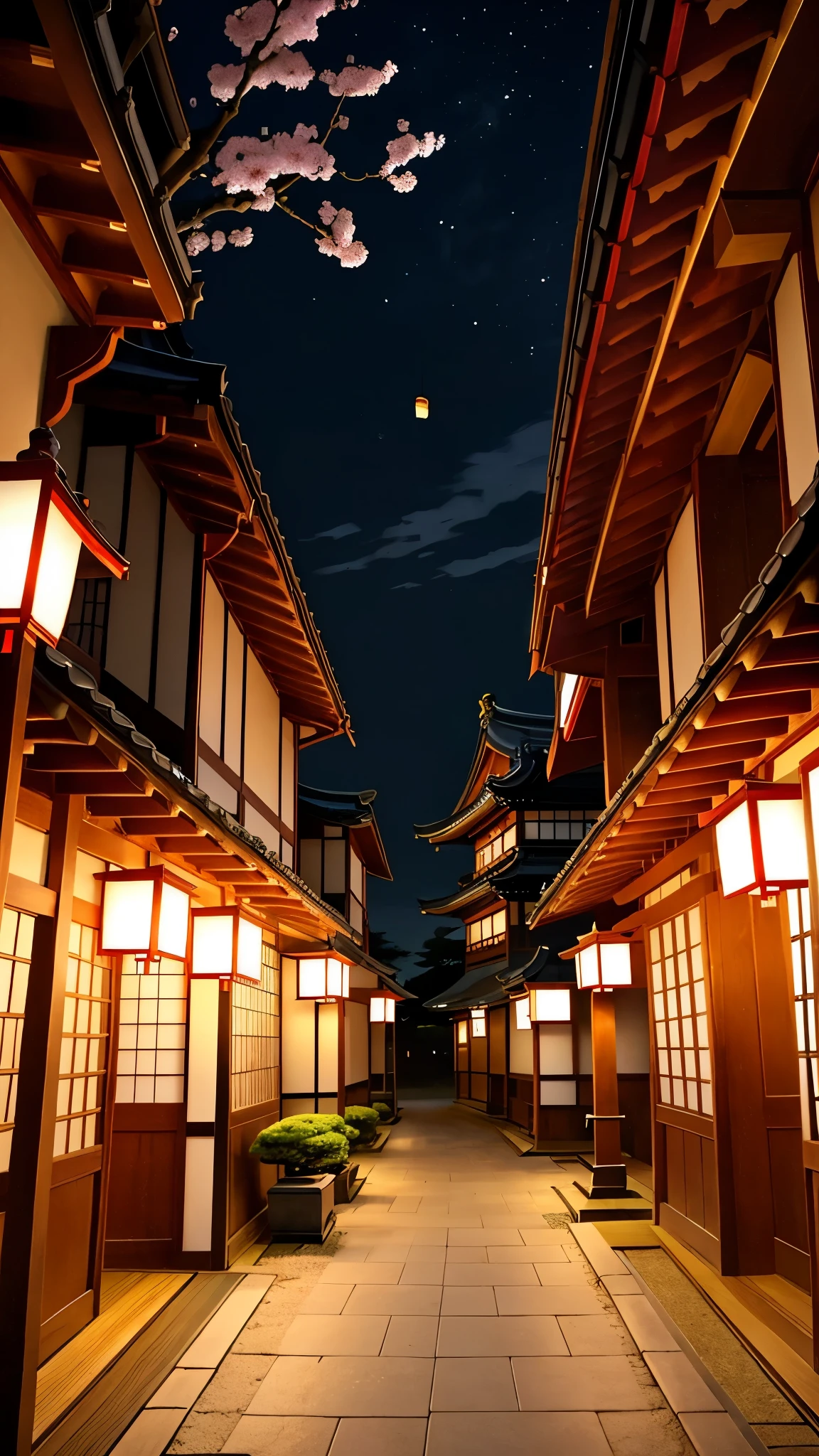 The image depicts a serene and picturesque scene of traditional Japanese architecture, featuring a prominent five-story pagoda at the center, set against a clear twilight sky. The pagoda, with its distinct tiers and curved roofs, is a focal point. Surrounding the pagoda are traditional wooden buildings with tiled roofs, creating a harmonious blend of historical Japanese aesthetics. To the left, a blooming cherry blossom tree adds a touch of color and seasonal beauty to the scene. The lighting is soft and warm, with a few lanterns illuminating the narrow, winding pathway that leads towards the pagoda. The overall ambiance is tranquil and reflective, capturing the essence of a quiet evening in a historic Japanese town.