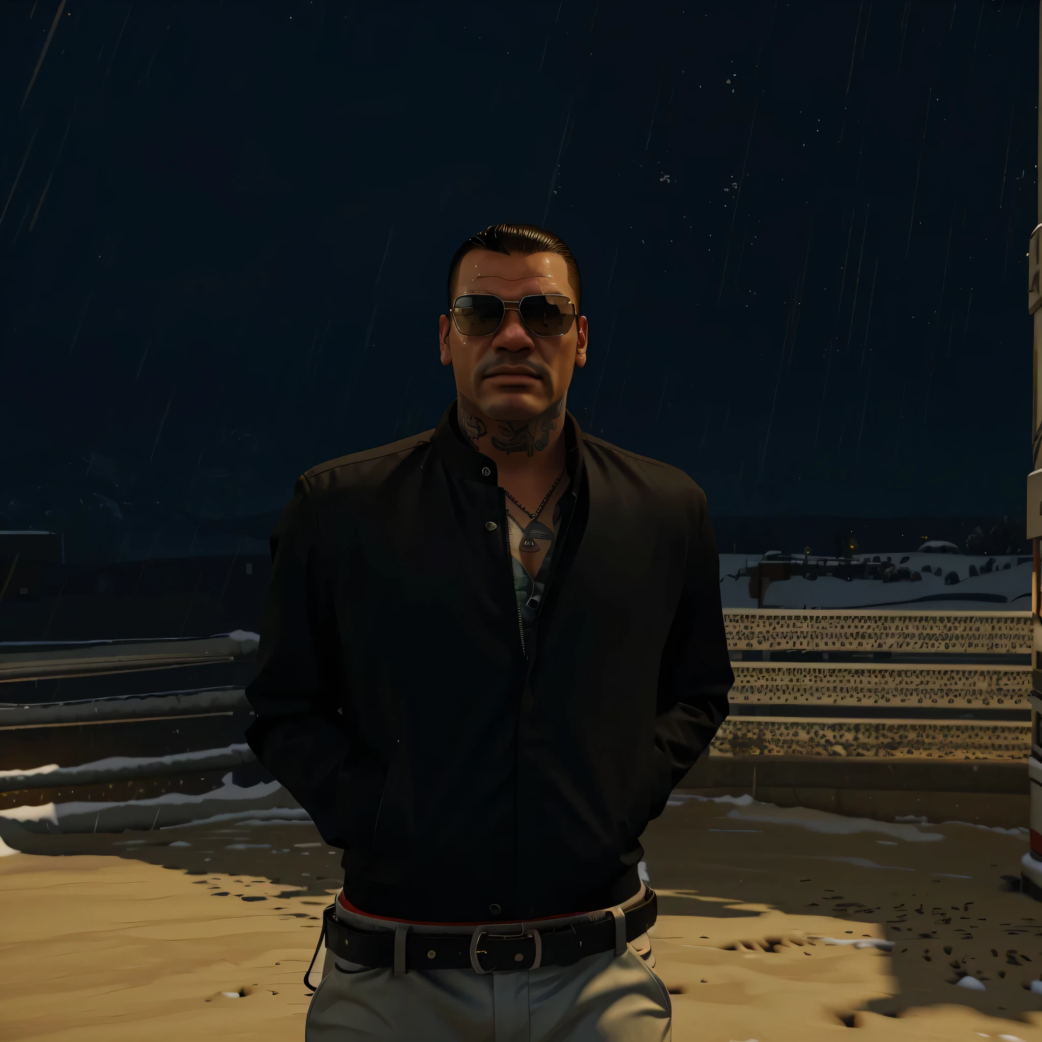 there is a man standing in the snow wearing sunglasses, gta 5 artwork style, style of gta v, gta v character, gta 5 mexican skin tone, realistic artwortk stlye, a member of a latin-american mafia, cool, bulldog vibe, semi-pro boxer, snob, ultra high quality, cinematic colors, realistic things, tattoos on the face and on the body