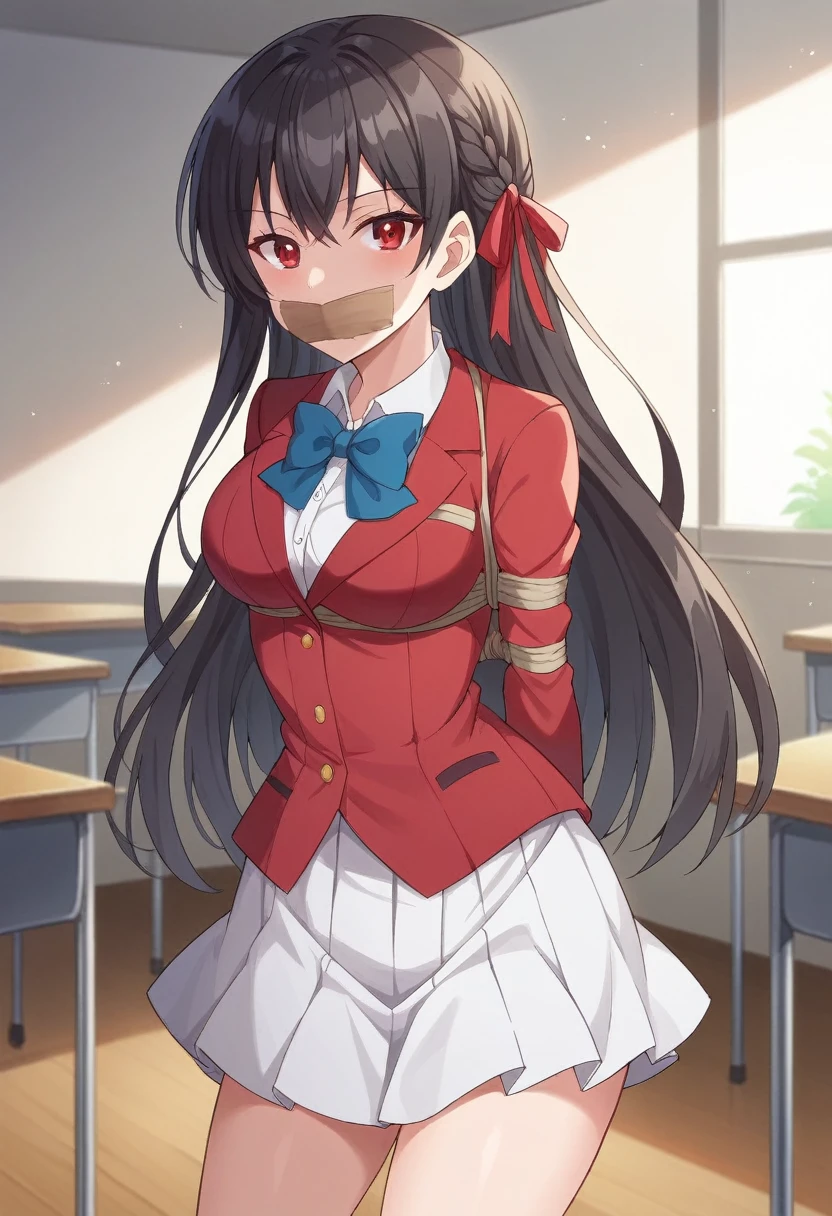 suzunehorikita, suzune horikita, long hair, black hair, (red eyes:1.3), hair ribbon, braid,
BREAK bow, , jacket, bowtie, blue bowtie, blazer, (red blazer:1.5), skirt, white skirt,
BREAK indoors, classroom,
BREAK looking at viewer, (cowboy shot:1.5),
BREAK (masterpiece:1.2), best quality, high resolution, unity 8k wallpaper, (illustration:0.8), (beautiful detailed eyes:1.6), extremely detailed face, perfect lighting, extremely detailed CG, (perfect hands, perfect anatomy),masterpiece, (best quality), perfect eyes, bound, bondage, (arms behind back:1.4), bdsm, tape gag, rope, rope bondage, close-up, restrained,curled up, best anatomy, 