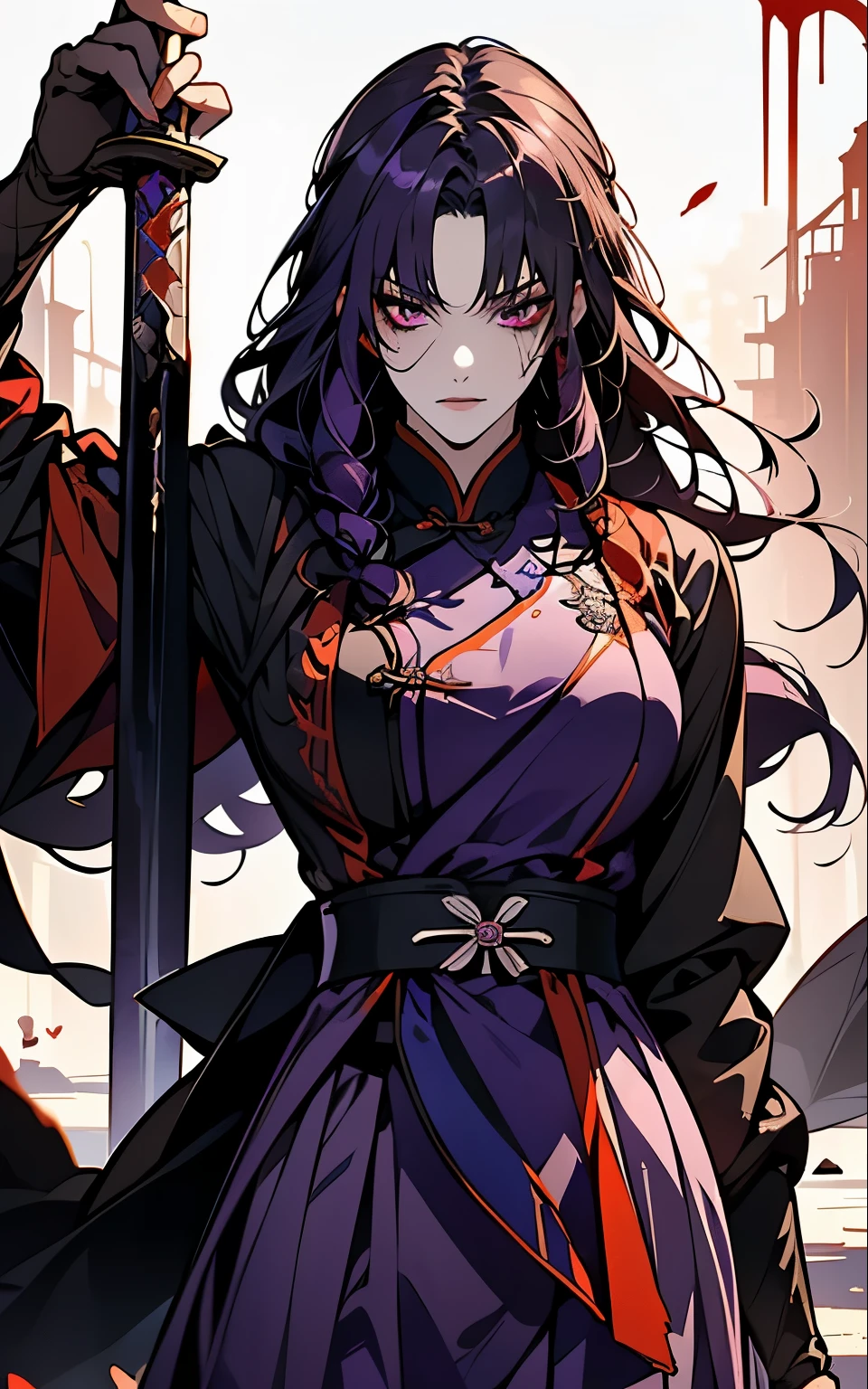 (!Fight, battle, will die, blood, weapon, sword, blood coming out of his mouth, blood on clothes, injury, torn clothes, horror!) 1 women, Raiden Shogun - genshin impact, long purple hair, violet eyes, violet chinese clothes, ultra long skirt