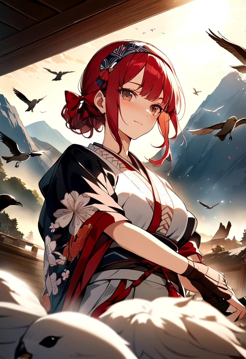 Masterpiece, Best Quality,1 girl, red bow, bow, wide, hair bow, Ropa ainu, Alone, hair band, bird, black fur, fingerless gloves, short sleeves, gloves, Wad of bills, pants, hits, red hair band, weapon, chest, Brown eyes, white pants, kimono, confused, light smile, Official Art, Good composition, official pose, detailed portrait, portrait, bokeh, clouds and mountain background, samurai, estilo onmyoji, high resolution, Dramatic lighting and shadows., sun flares, Blurry closeup