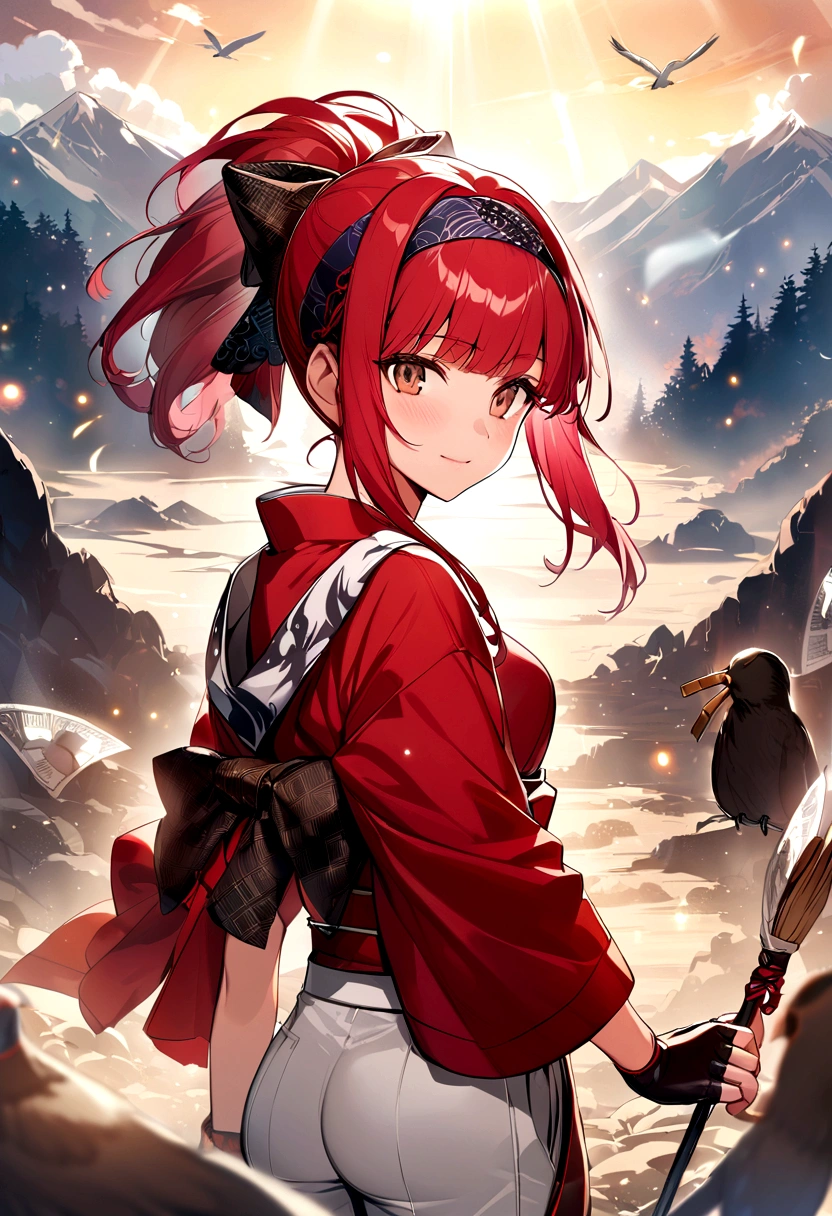 Masterpiece, Best Quality,1 girl, red bow, bow, wide, hair bow, Ropa ainu, Alone, hair band, bird, black fur, fingerless gloves, short sleeves, gloves, Wad of bills, pants, hits, red hair band, weapon, chest, Brown eyes, white pants, kimono, confused, light smile, Official Art, Good composition, official pose, detailed portrait, portrait, bokeh, clouds and mountain background, samurai, estilo onmyoji, high resolution, Dramatic lighting and shadows., sun flares, Blurry closeup