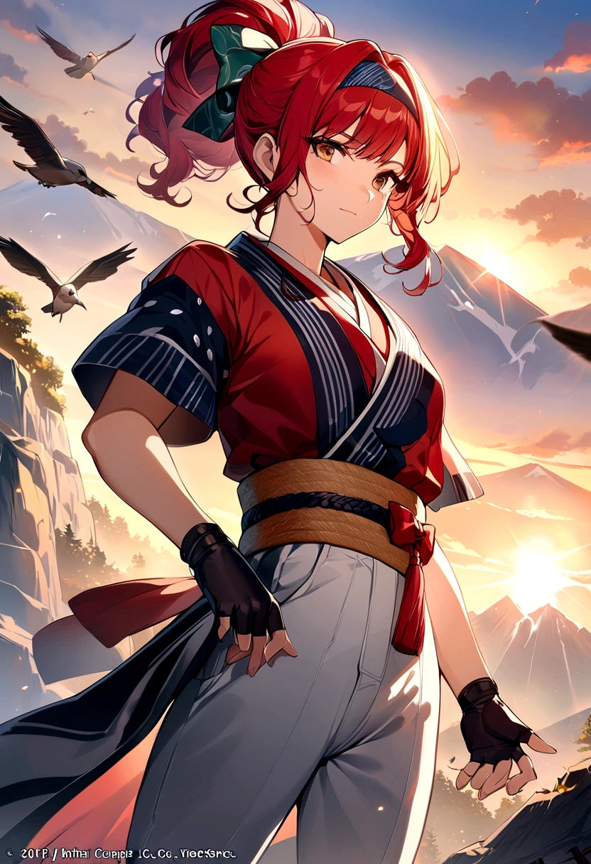 Masterpiece, Best Quality,1 girl, red bow, bow, wide, hair bow, Ropa ainu, Alone, hair band, bird, black fur, fingerless gloves, short sleeves, gloves, Wad of bills, pants, hits, red hair band, weapon, chest, Brown eyes, white pants, kimono, confused, light smile, Official Art, Good composition, official pose, detailed portrait, portrait, bokeh, clouds and mountain background, samurai, estilo onmyoji, high resolution, Dramatic lighting and shadows., sun flares, Blurry closeup