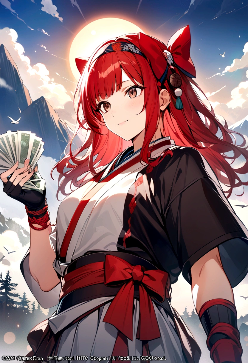 Masterpiece, Best Quality,1 girl, red bow, bow, wide, hair bow, Ropa ainu, Alone, hair band, bird, black fur, fingerless gloves, short sleeves, gloves, Wad of bills, pants, hits, red hair band, weapon, chest, Brown eyes, white pants, kimono, confused, light smile, Official Art, Good composition, official pose, detailed portrait, portrait, bokeh, clouds and mountain background, samurai, estilo onmyoji, high resolution, Dramatic lighting and shadows., sun flares, Blurry closeup