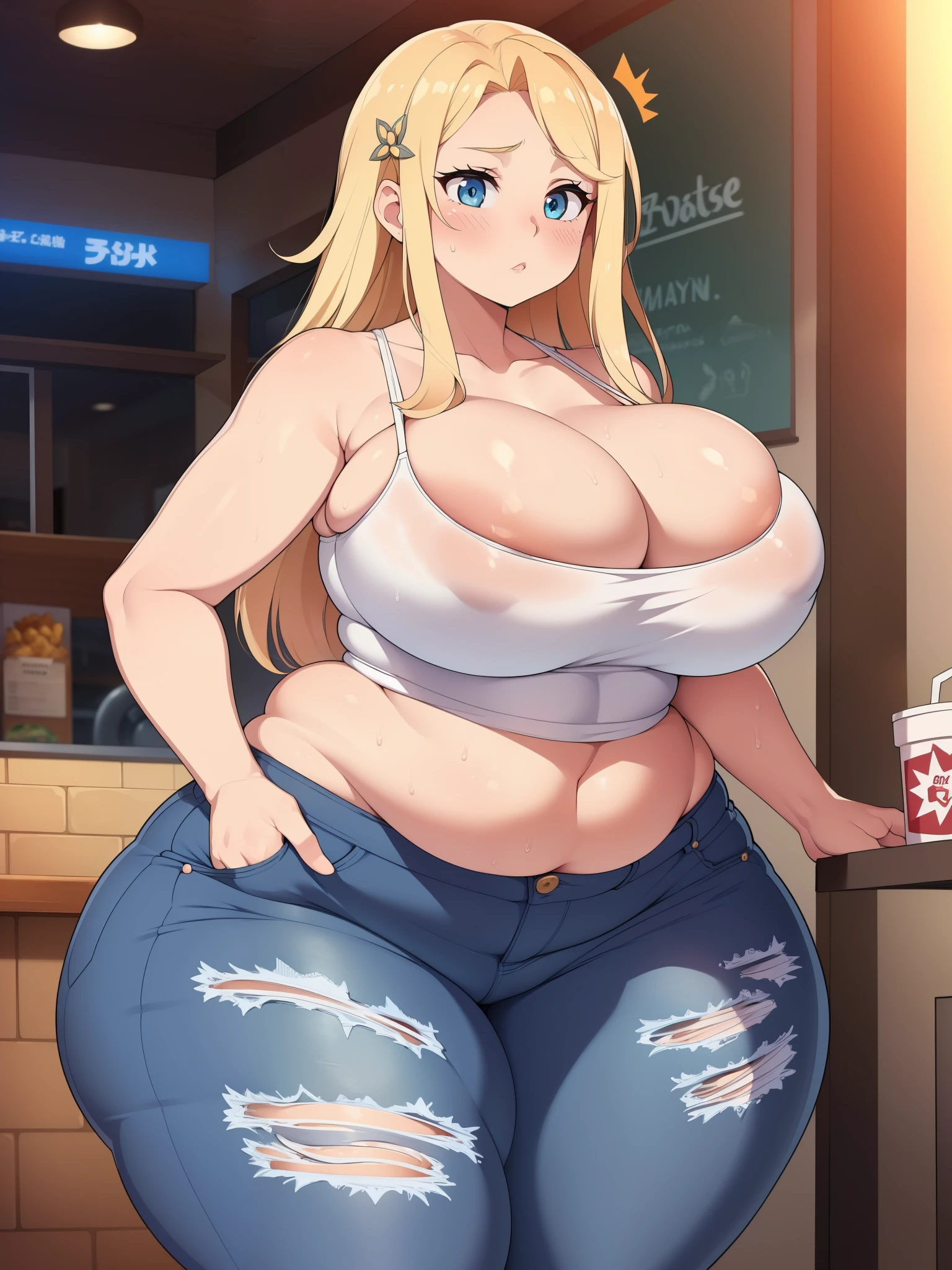 ((Masterpiece)), perfect anatomy, perfect shading, field of depth, (best quality), extremely delicate and beautiful, perfect lighting, detailed face, ultra cute face, cute, (1girl), (solo),

long fluffy blonde hair, blue eyes, ((blush)), nervous, looking at viewer, tank top, jeans, cleavage, large breasts, ((thick thighs)), wide hips, fat ass, chubby, 

intricate background, detailed background, fast food restaurant, standing, 
