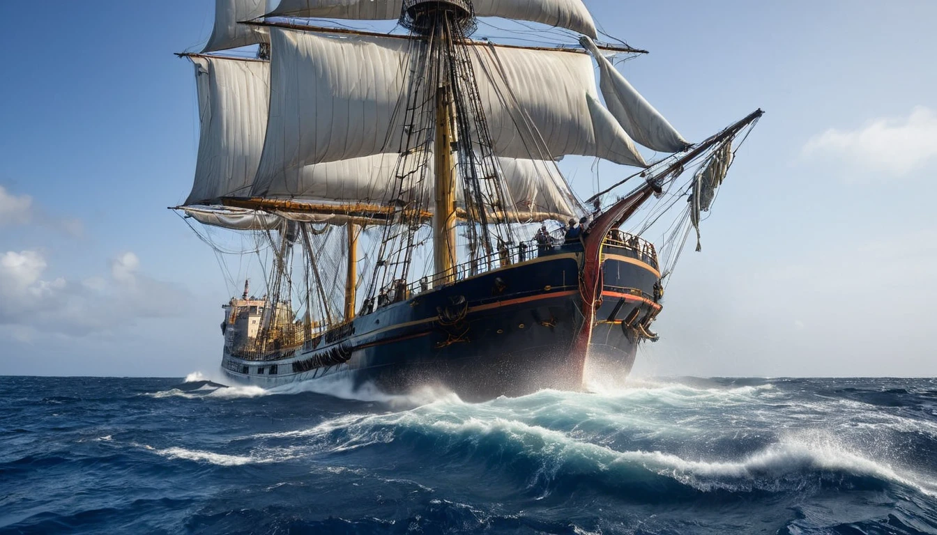 Panicked sailors desperately trying to stabilize the ship, throwing cargo overboard and clinging to ropes
