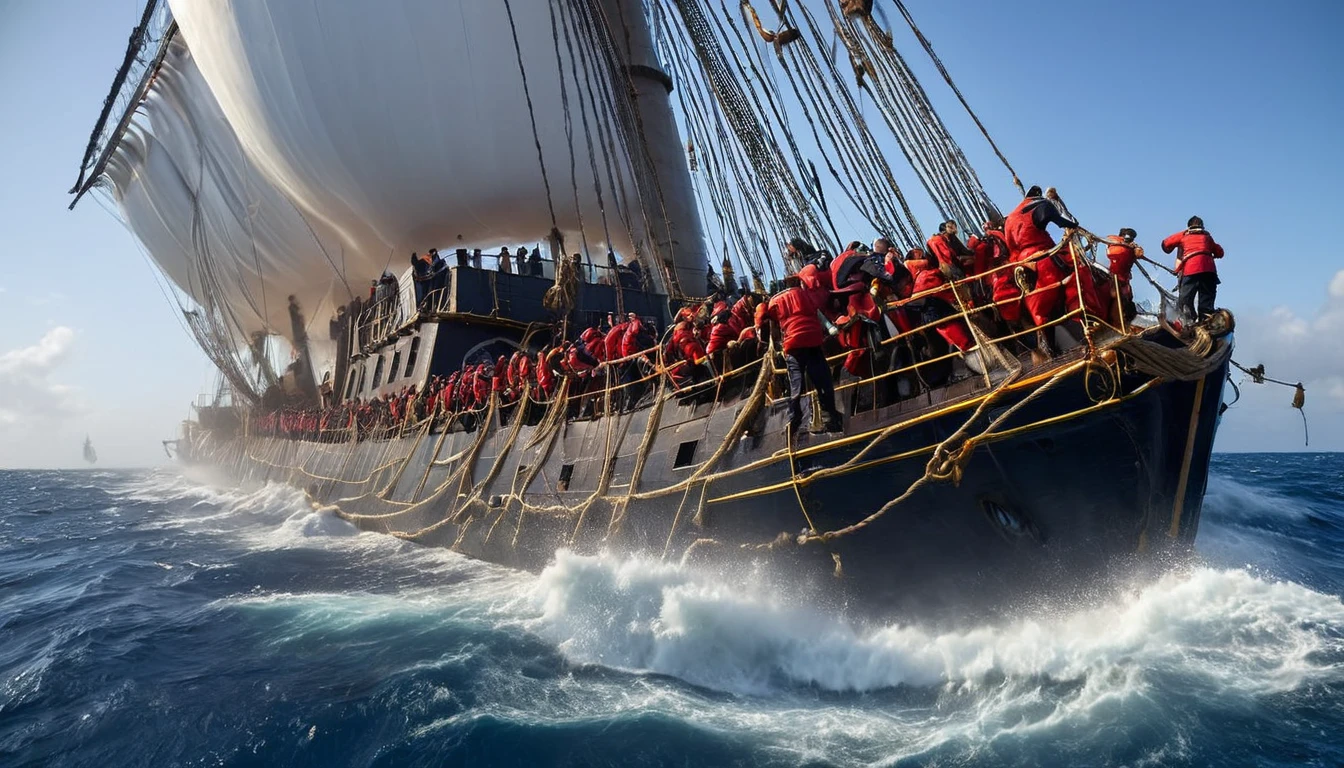 Panicked sailors desperately trying to stabilize the ship, throwing cargo overboard and clinging to ropes