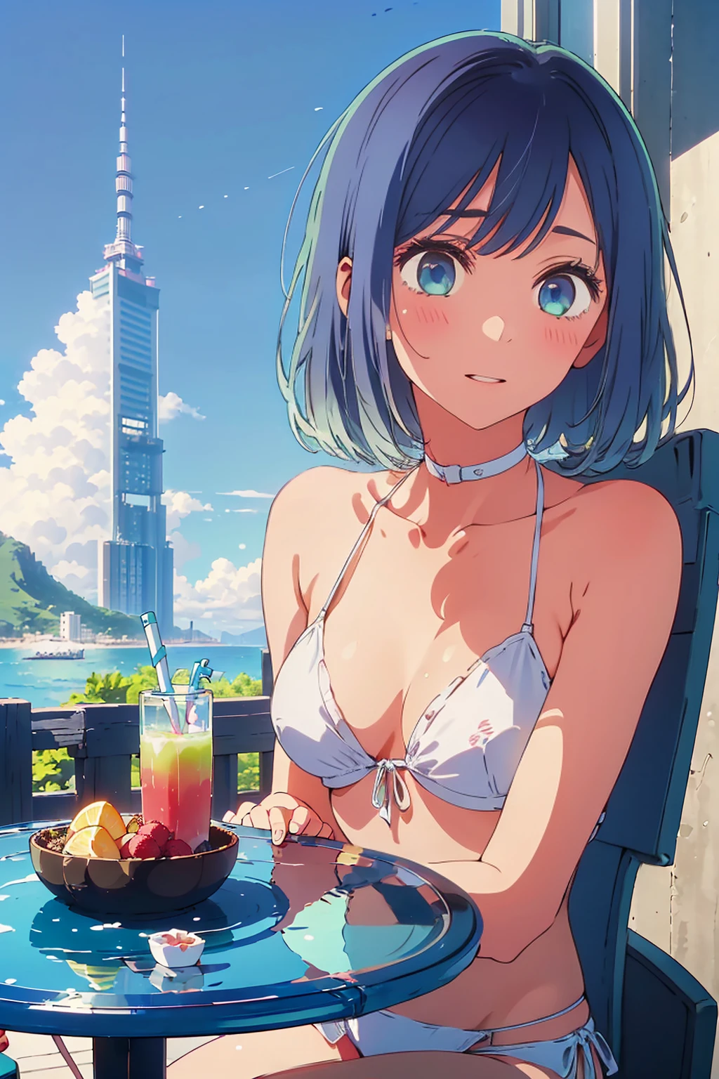 (Highest quality:1.4、8K:1.4、detailed)、F cup bust、Big Breasts、Slim body、Very white beautiful skin、((((1 person、Surprised expression、sit、Chair、In the background are the urban buildings of Tokyo、looking at the camera、Outdoor café terrace、coastal、Navy hair color、juice、White side string high leg bikini、Shooting up close、table、Very cute face))))、(Bikini straps come off:1.4)、Very blue sky、A completely cloudless sky