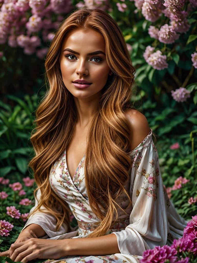 Generate an extremely photorealistic image of a gorgeous professional female Instagram influencer model with long reddish-blonde hair, captivating eyes, sitting in a lush garden, surrounded by blooming flowers, wearing a flowy dress, and looking serene. The scene should feature lifelike textures and details, with the soft lighting of the afternoon sun illuminating her serene expression and the vibrant, blooming flowers. Keywords: 64K, photorealistic, UHD, hyper-detailed, HDR, professional photography, realistic rendering, lifelike, serene, blooming flowers.
Keywords: Photorealistic, Cinematic, full-body portrait, gorgeous professional female Instagram influencer model, long reddish-blonde hair, captivating eyes, meticulously rendered, textures, realistic lighting and shadows, cinematic composition, lifelike, immersive, beauty.
