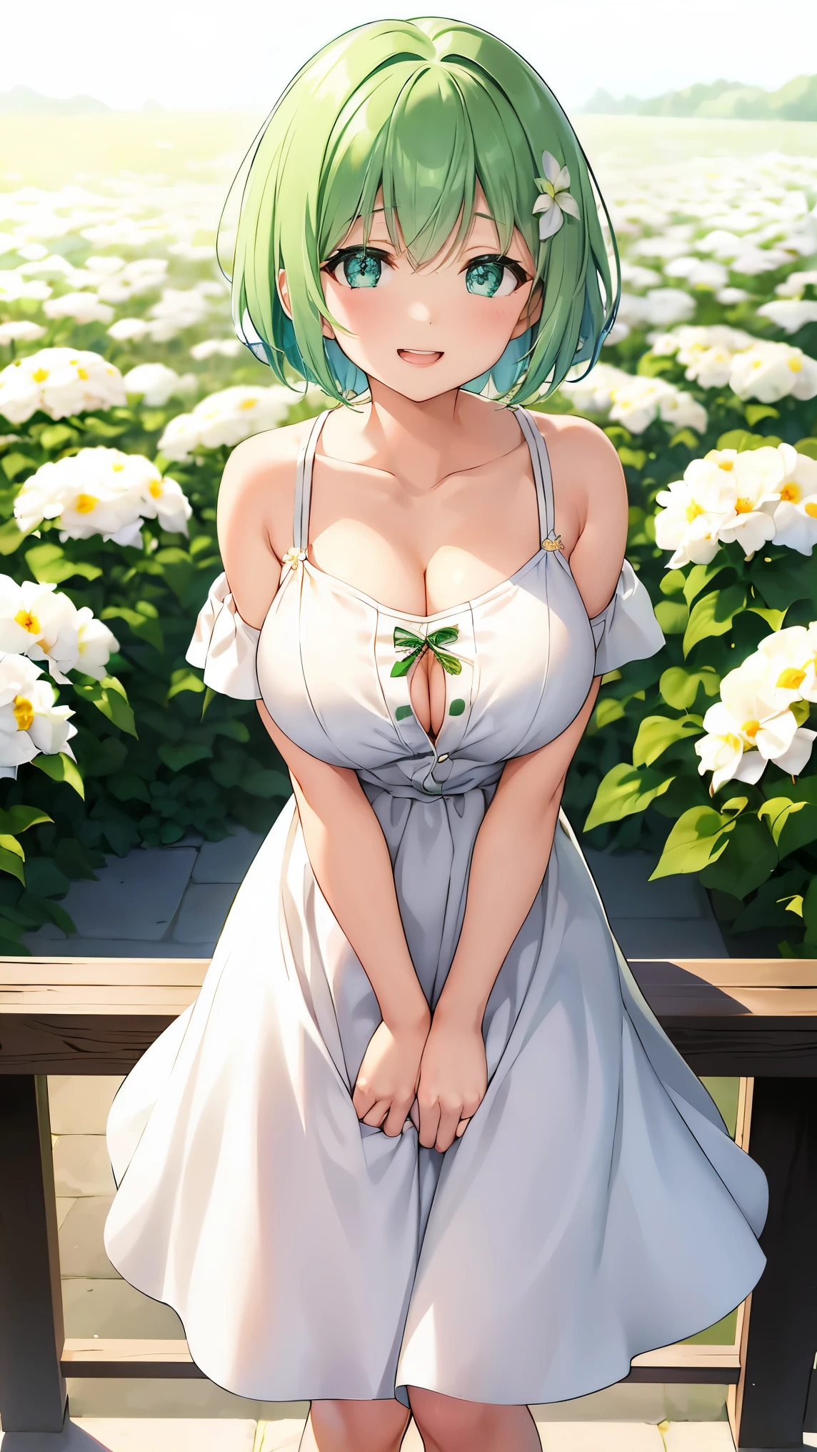 Girl with short green hair, Small size breasts, Small breasts、Green Eyes, White Casual Wear Beauty Special、(((tits))),Full body photo from head to toe、White dress、Colorful flower fields、Fluttering petals、A big smile when looking at the flowers