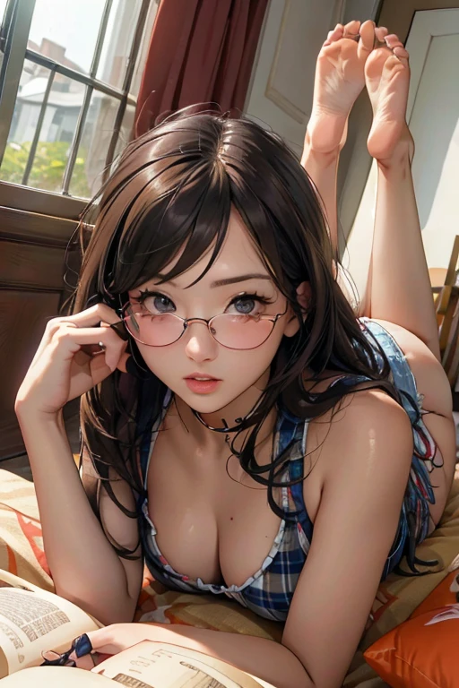 Highest quality、masterpiece、High sensitivity、High resolution、Detailed Description、Slim Body、Glasses、looks fun、Plaid one piece、Lying down、Wink、