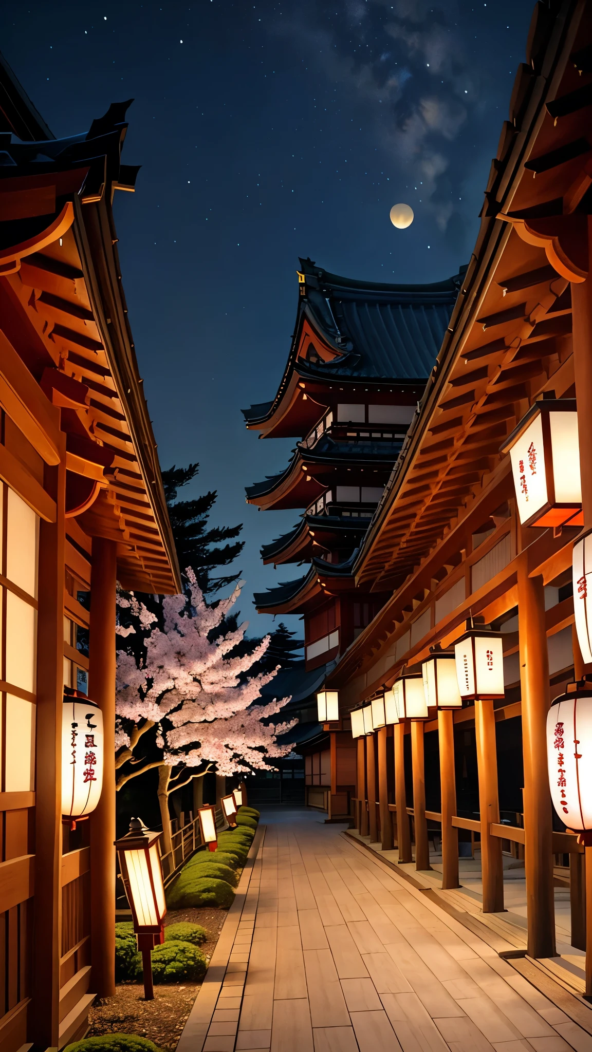 The image depicts a serene and picturesque scene of traditional Japanese architecture, featuring a prominent five-story pagoda at the center, set against a clear twilight sky. The pagoda, with its distinct tiers and curved roofs, is a focal point. Surrounding the pagoda are traditional wooden buildings with tiled roofs, creating a harmonious blend of historical Japanese aesthetics. To the left, a blooming cherry blossom tree adds a touch of color and seasonal beauty to the scene. The lighting is soft and warm, with a few lanterns illuminating the narrow, winding pathway that leads towards the pagoda. The overall ambiance is tranquil and reflective, capturing the essence of a quiet evening in a historic Japanese town.
