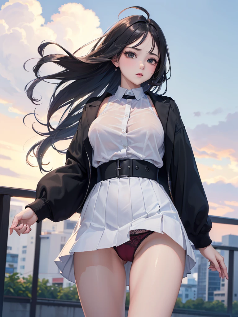 ((((Best Quality, 8K, 32K, masterpiece, 1.2)))),{{solo}},nsfw,{{{Artist: GirlfriendMix's style}}},((perfect beautiful face:1.2)), wearing , windy skirt, showing panties, embarrass, see through panties, ((a lot of public hairs:1.3)),