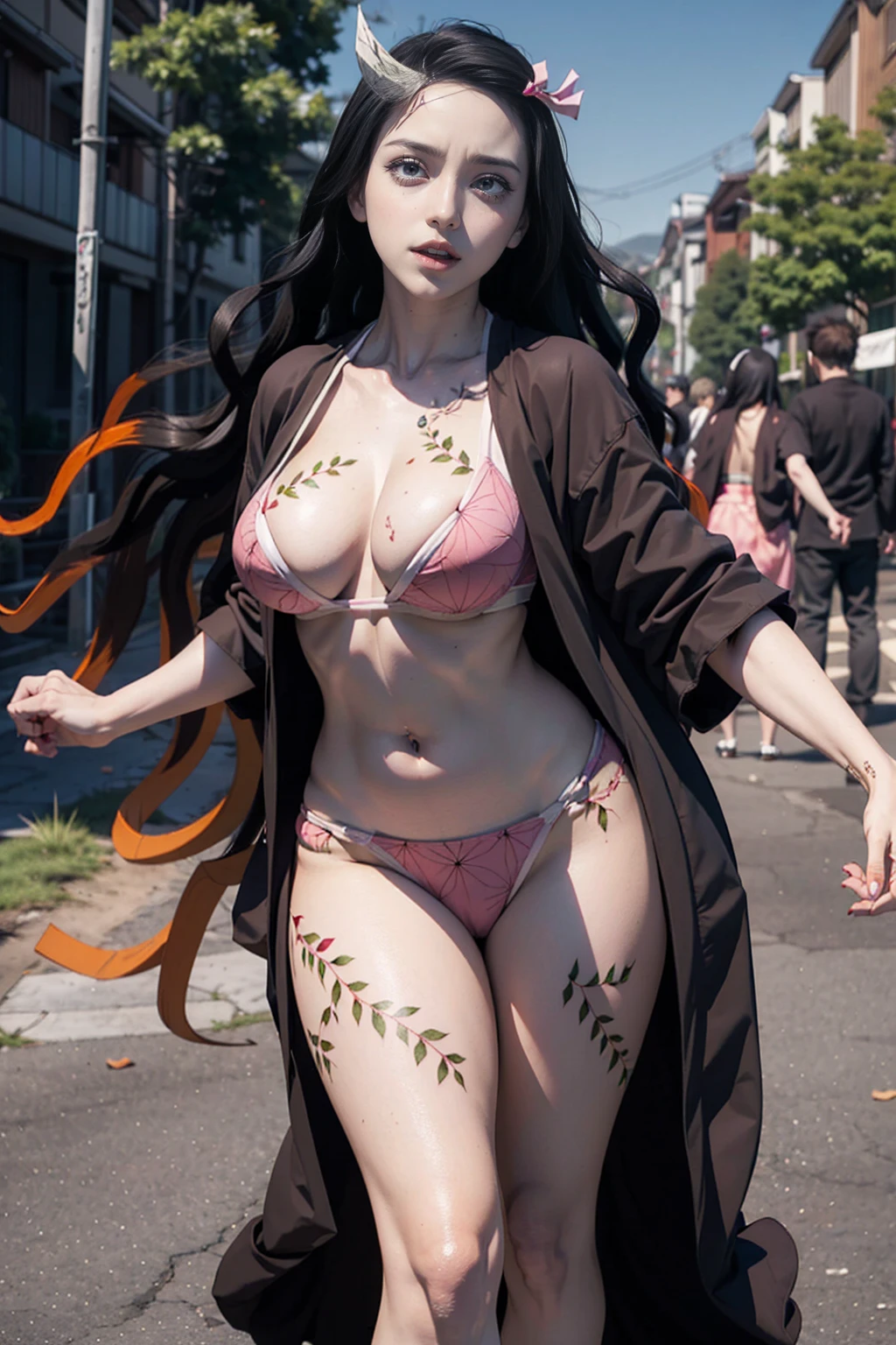 (ultra realistic photo of Nezuko kamado goddess of beauty, bright pink eyes, angry angry expression, she has a horn, 8k, UHD, with ultra giant breast long breasts stick of her kimono, erotic, with long blir and orange tips, sexy pink japanese kimono,e doesn't wear panties showing her tattooed pubic hair showing), Nezuko w piece of bamboo stuck up her ass, (Nezuko, Nezuko-chan, Demon Slayer astyle, kimetsu on yaiba), Hentai female anime character, (Nezuko, in hon form, Huge breasts, giant long breasts sticking out of her clher breasts stick our kimono, showing beautiful pointy breastngth of ultra giant breasts goes down to her toned stomachas leaf tattoos running down her otic body), Demon Slayer rui fanart, wielding kunai, Marin Kitagawa Fanart, cl and ed anime art, a very beautiful berserker woman, by Kamagurka, professional art, perfect detailed, (Nezuko kamado in her demonic form showing her giant and hairy pussy, based on the demon slayer kimetsu no yaiba), nudes, nude porn