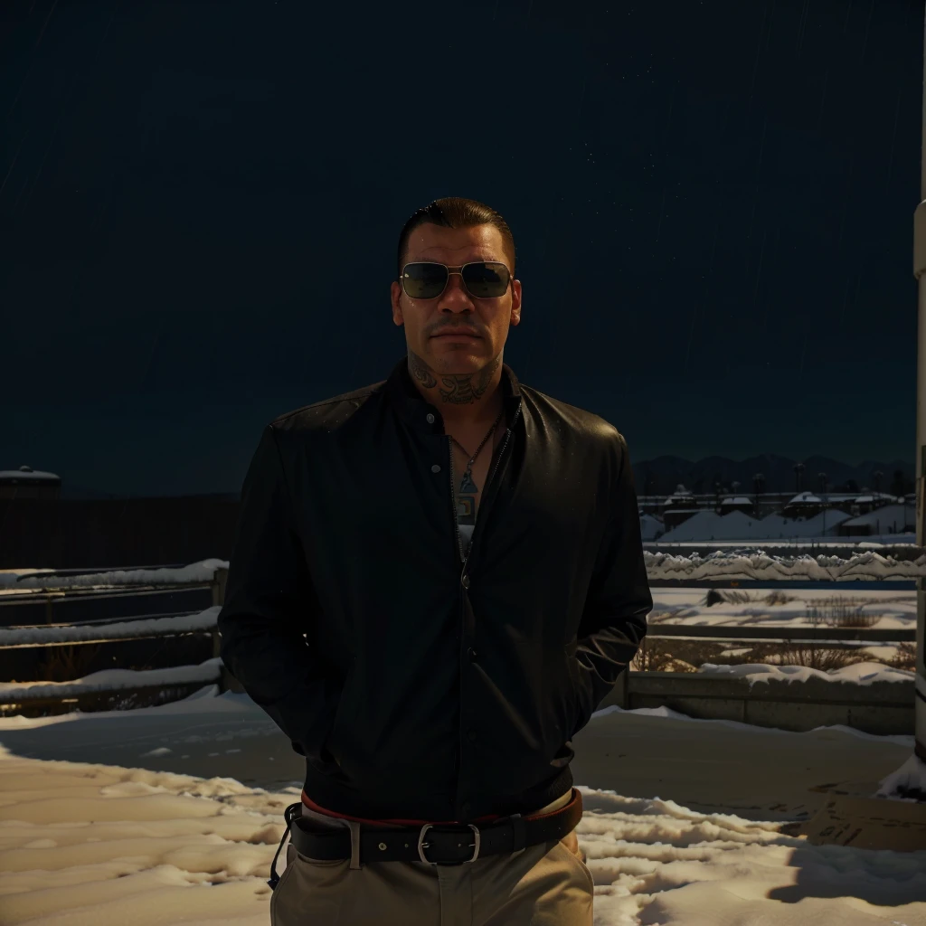 there is a man standing in the snow wearing sunglasses, gta 5 artwork style, style of gta v, gta v character, gta 5 mexican skin tone, realistic artwortk stlye, a member of a latin-american mafia, cool, bulldog vibe, semi-pro boxer, snob, ultra high quality, cinematic colors, realistic things, tattoos on the face and on the body, slimmer face, gym body, chad face, shorter hair