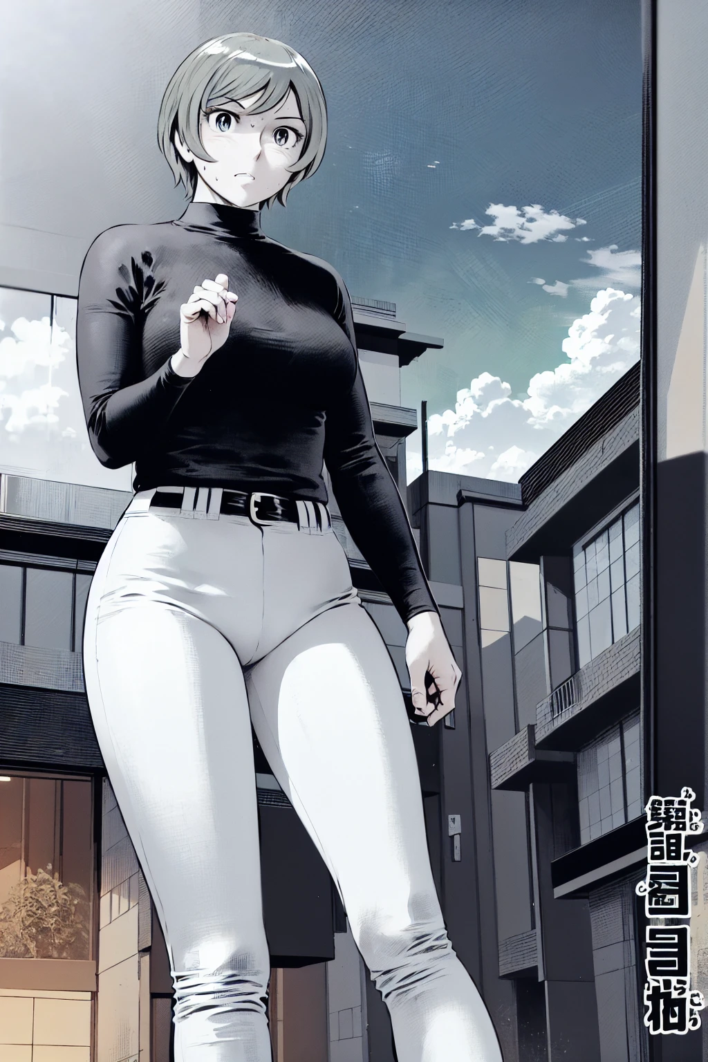 (野球uniform:1.2),
Blonde, (short hair:1.2),Long sleeve, Black Shirt, turtleneck,White trousers、uniform、Black belt、((Illustration of a person))、big 、
View your viewers,, (Highest quality:1.3),One Girl, White pants、uniform、Outdoor、baseball ground、ground、soil、blue eyes、Tight black shirt、(masterpiece、Highest quality)、Highest quality, Ultra-high resolution, (((masterpiece))), alone, Sweat、big eyes、big Breasts、Torn clothes、 fully exposed、Nipples、One Girl, Front view、Embarrassed face、Bronze colored hair、((short hair))、Stand up straight、Cowboy Shot