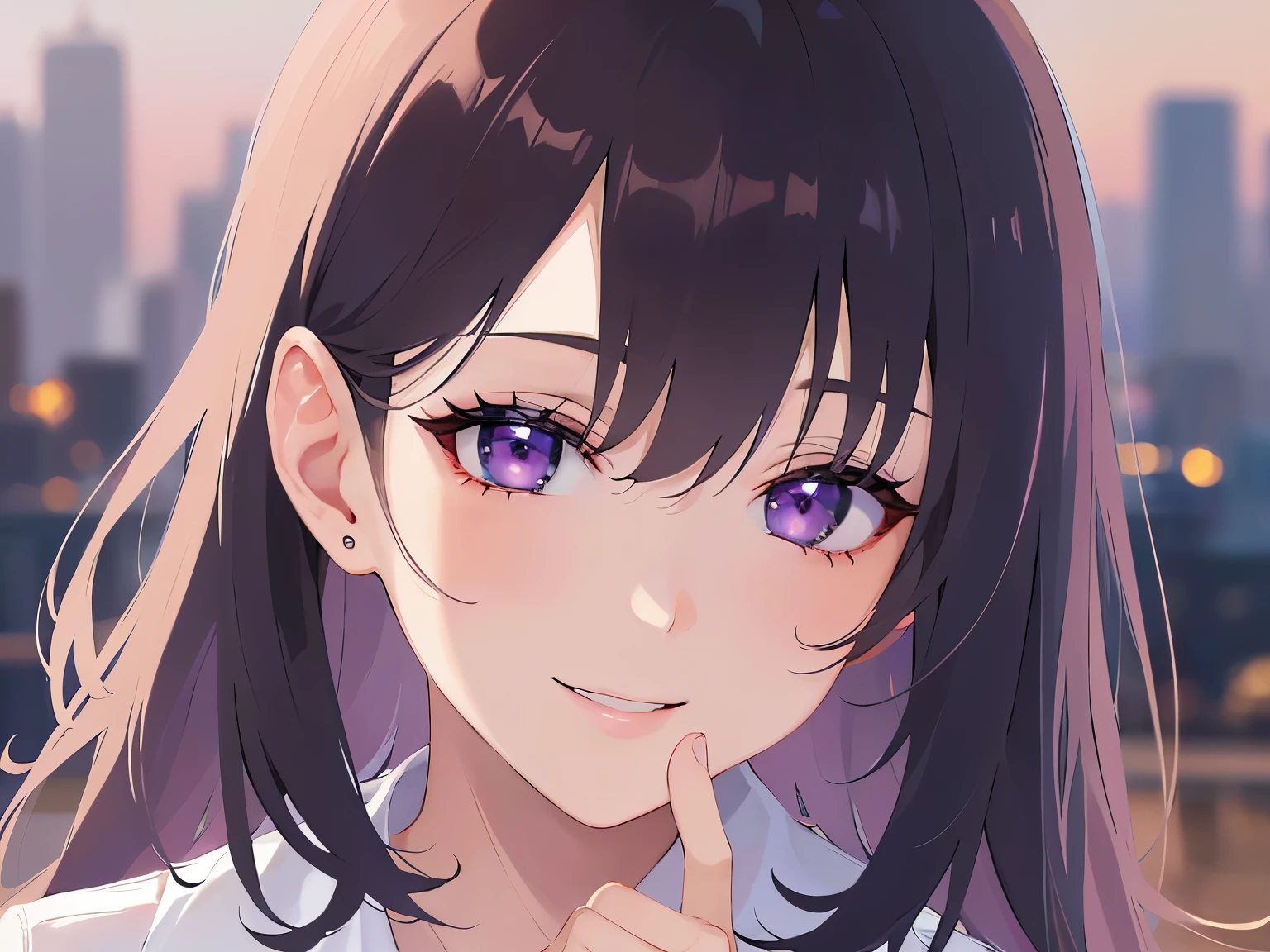 Detailed CG, Ultra-fine illustrations,masterpiece,highest quality, AW Photos,Realistic,BREAK(white collared shirt:1.5)BREAK,(Pale skin:1.2),Shiny skin Shiny Hair,(A 26-year-old woman with straight hair and bangs)and(Medium Hair)and(Black Hair)and(Purple eyes),(naughty smile:1.5),(hand on own mouth),(Biologically correct5Fingesurprised)and(missing fingers),The background is the city,alone,from above