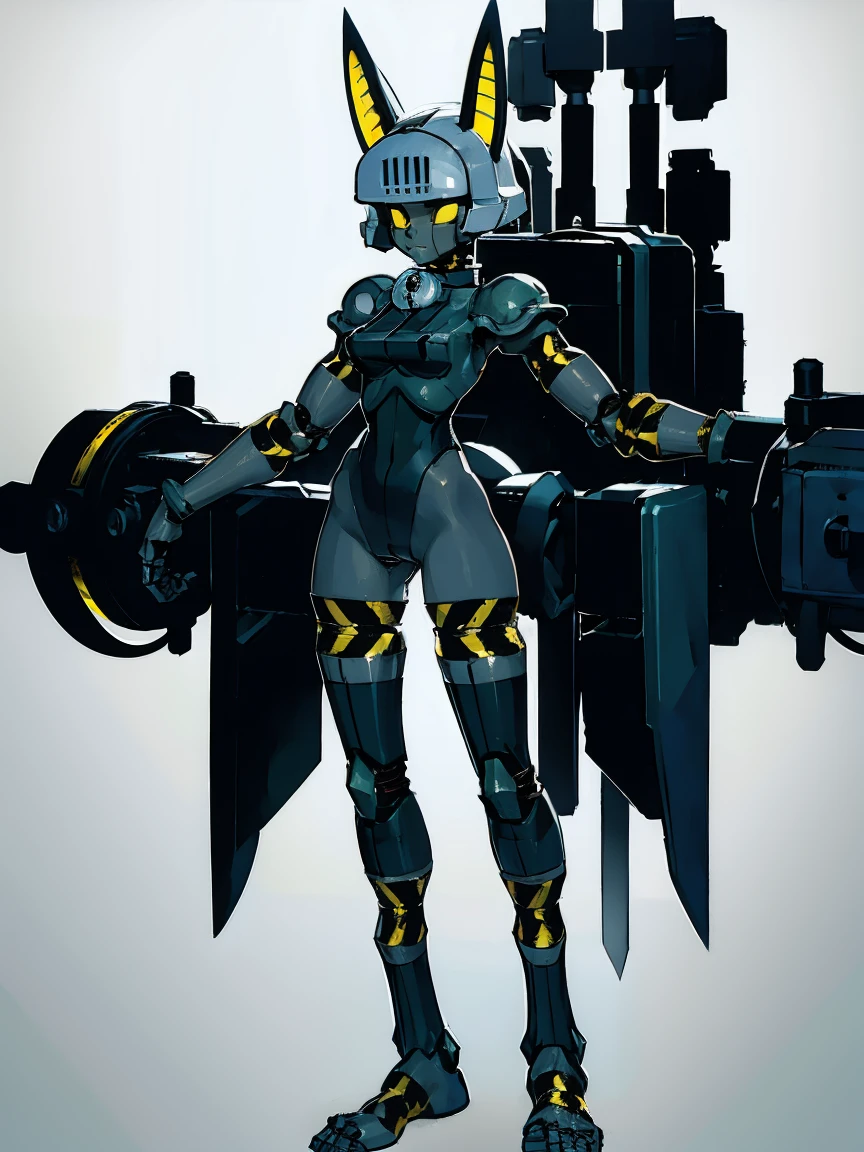 (masterpiece), best quality, mechanical girl, robotic body, mecha, cat ears, metal body, naked metal body, grey body, full body, white background