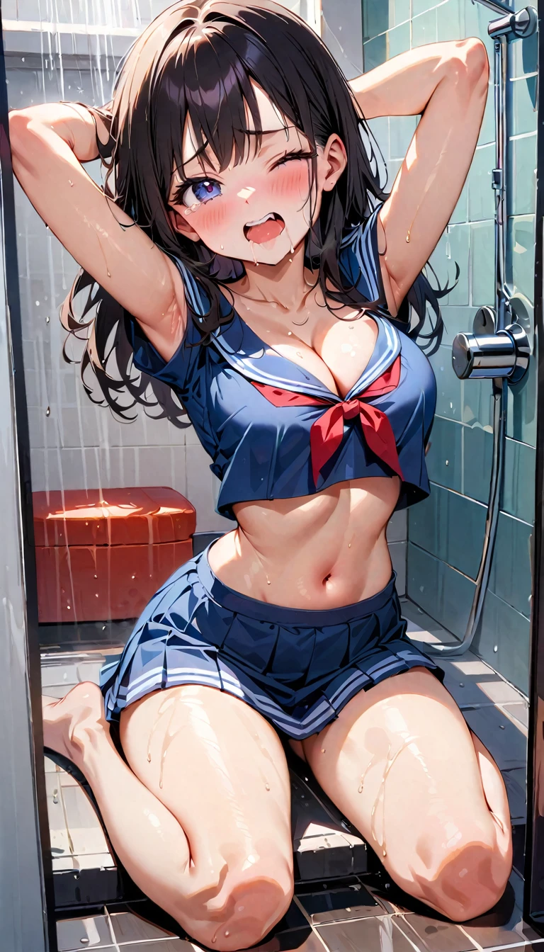 Highest quality, Super detailed, masterpiece, Ultra-high resolution, 8K, Embarrassing, blush, Lovely, Close one eye, With tears in her eyes and her mouth open, 1girl, chi-chi \(dragon ball\), dragon ball, drooling, (arms behind head), wariza, (off-shoulder sailor uniform, micro mini skirt), cleavage out, crop top navel, medium breasts, Absolute area, Waistline, (Shower room, I take a shower)