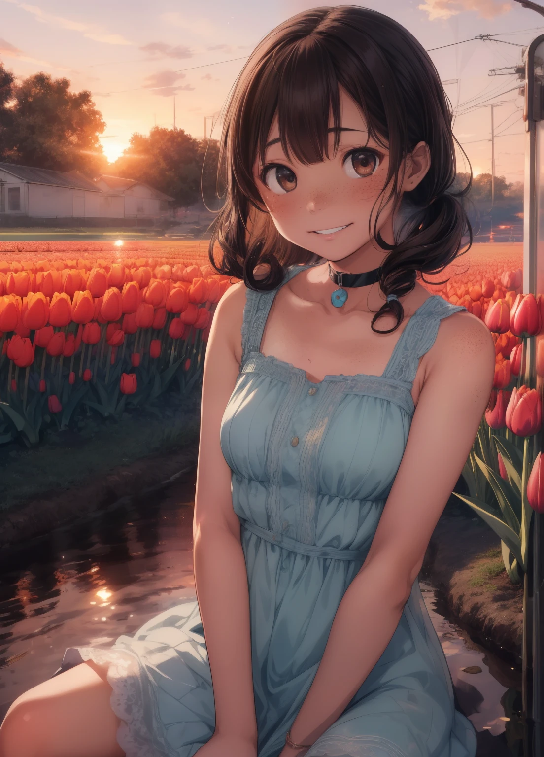 (masterpiece、Highest quality、Highest quality、Official Art、Beautiful and beautiful:1.2)、(One girl:1.3)Hatsune Miku、Twin tails,Beautiful breasts,Super detailed, Very detailed, masterpiece, Highest quality, Highest quality, Ridiculous, High resolution, Scattered beneath the surface, (One girl: 1.5), (alone: 1.4), smile, (Black curly hair), (Curly Bob Haircut:1.2), Asymmetrical Hair, Asymmetrical bangs, Shortwave Van, (Dark brown eyes:1.2), Round eyes, Fine grain, perfect brown eyes, Rendering brown eyes, (View your viewers: 1.1), Dynamic pose, Dynamic Angle, whole body, Detailed skin, Skin pores, Shiny skin, Shiny skin, (Skin Dentition:1.2), (Light freckles:1.2), Large Breasts, Hair flow, Idol, (blue summer dress:1.2), summer, (sunset), Outdoor, orange sunset sky, (Tulip Fields:1.2), (water:0.8 ), (Detailed Background: 1.2), (Complex background: 1.2), Depth of written boundary, Small choker, (Little Loli),