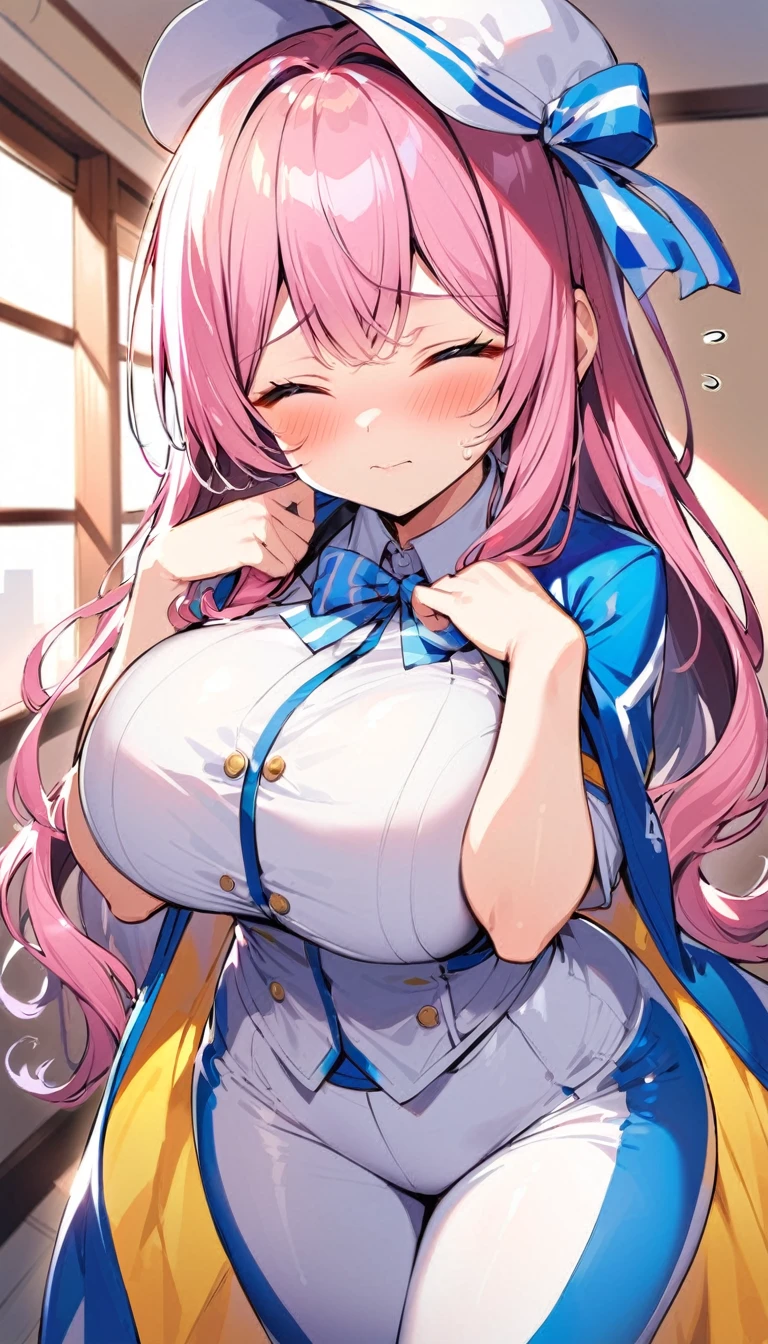 masterpiece, ultra detailed, Beautiful young woman, shame, shy, curvy figure, exposed thighs, bare shoulders, wide neckline, delicious hips, big breasts, pink blush, transparent apron, squeezing nipples with both hands, very sensual, intricate details, pores, texture, wet.
