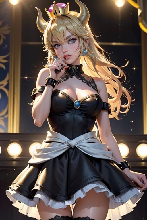 Bowsette, ornament hair, crown, horns, perfectly body, perfectly hands, wave hair, blonde hair, long hair, blue eyes, black dress, more details on her clothes, black dress with gold details, night, ornament hair, long hair, 1 girl, Looking at the audience, on the stage holding a microphone,  flowing hair, Beautiful Eyes, Plump and glossy lips, Idol, dress with too many frills, black dress, black laces, black Short skirt, Drape clothes, blue gem, Lace trim, bright stage, luxury gold details, gold jewelry, more details, best quality, Big sparkling eyes, blushing, Striped Lace Stockings, black Lolita skirt, sparkle, solo, centered girl, cowboy shot, perfectly body, perfectly hands, two arms, two legs, two hands, five fingers, perfect anatomy, glowing hair, white roses, 1girl, dress, solo, flowing hair, floating hair, ornament hair, perfectly body, perfectly hands, on the stage, sparkles, more details on her clothes, dress with transparency, golden details on her dress, night, holding a microphone, ((4k, masterpiece, top-quality)), 8k, best quality, high resolution, UHD, (illustration:0.8), super cute girl, delicate and beautiful face, mature girl, super cute hairstyle, (beautiful detailed eyes:1.6), extremely detailed face, perfect lighting, extremely detailed CG, (perfect hands, perfect anatomy), Best quality 