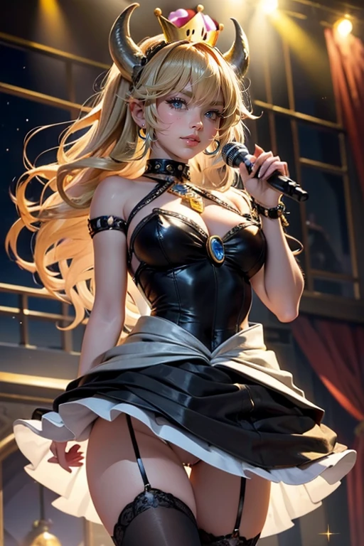 Bowsette, ornament hair, crown, horns, perfectly body, perfectly hands, wave hair, blonde hair, long hair, blue eyes, black dress, more details on her clothes, black dress with gold details, night, ornament hair, long hair, 1 girl, Looking at the audience, on the stage holding a microphone,  flowing hair, Beautiful Eyes, Plump and glossy lips, Idol, dress with too many frills, black dress, black laces, black Short skirt, Drape clothes, blue gem, Lace trim, bright stage, luxury gold details, gold jewelry, more details, best quality, Big sparkling eyes, blushing, Striped Lace Stockings, black Lolita skirt, sparkle, solo, centered girl, cowboy shot, perfectly body, perfectly hands, two arms, two legs, two hands, five fingers, perfect anatomy, glowing hair, white roses, 1girl, dress, solo, flowing hair, floating hair, ornament hair, perfectly body, perfectly hands, on the stage, sparkles, more details on her clothes, dress with transparency, golden details on her dress, night, holding a microphone, ((4k, masterpiece, top-quality)), 8k, best quality, high resolution, UHD, (illustration:0.8), super cute girl, delicate and beautiful face, mature girl, super cute hairstyle, (beautiful detailed eyes:1.6), extremely detailed face, perfect lighting, extremely detailed CG, (perfect hands, perfect anatomy), Best quality 