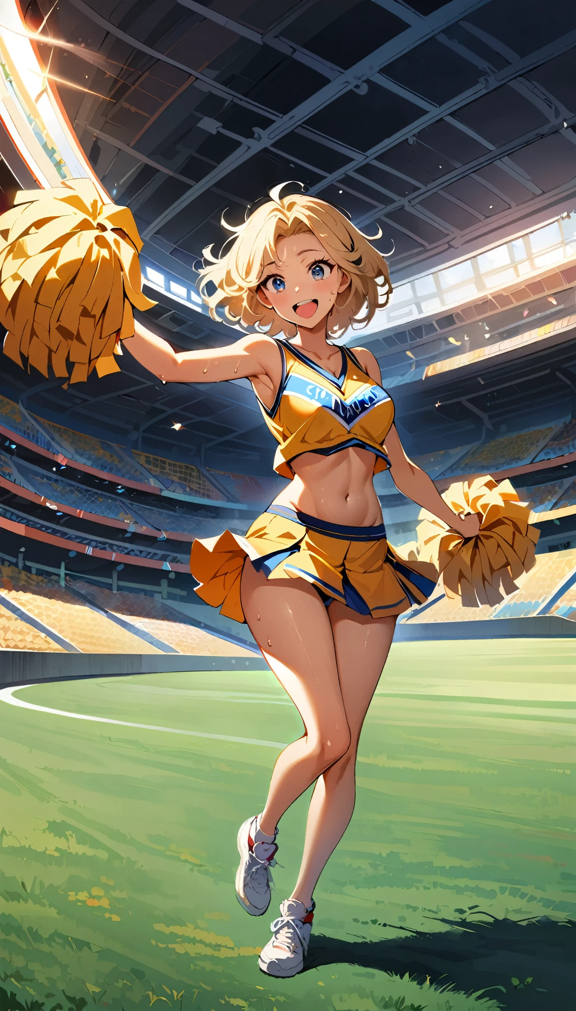 ((1 female)), sexy, Mature Body, virile, Small Ass, joy, Excited, Sweat, Cheerleader, Fine and beautiful eyes, Beautiful lip detail, Highly detailed eyes and face, Long eyelashes, Calm expression, ((Full body view:1.2)) Soft lighting, Open atmosphere, Stadium, Sweatを流して.