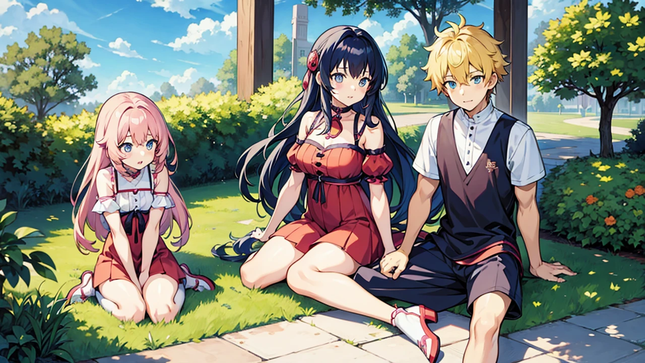 Anime boy, anime girl, anime couple, beautiful noon sky, anime couple sitting on carpet, cute anime girl,  girl, short girl