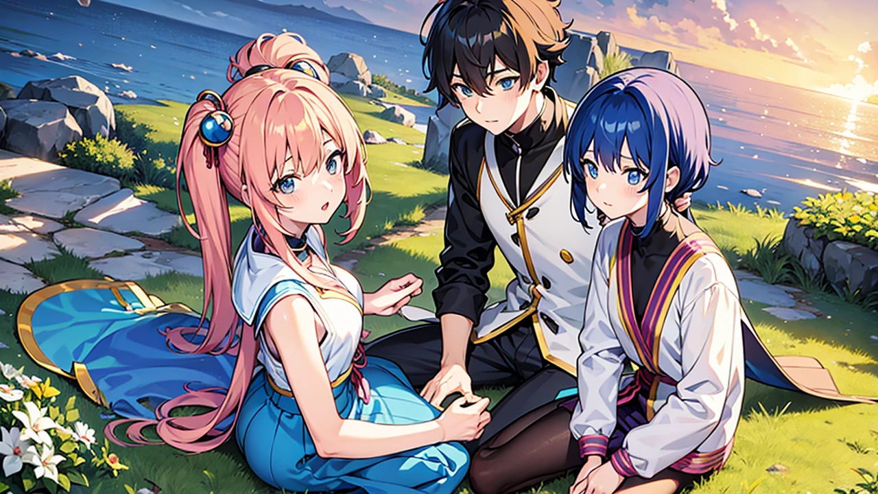 Anime boy, anime girl, anime couple, beautiful noon sky, anime couple sitting on carpet, cute anime girl, girl, short girl