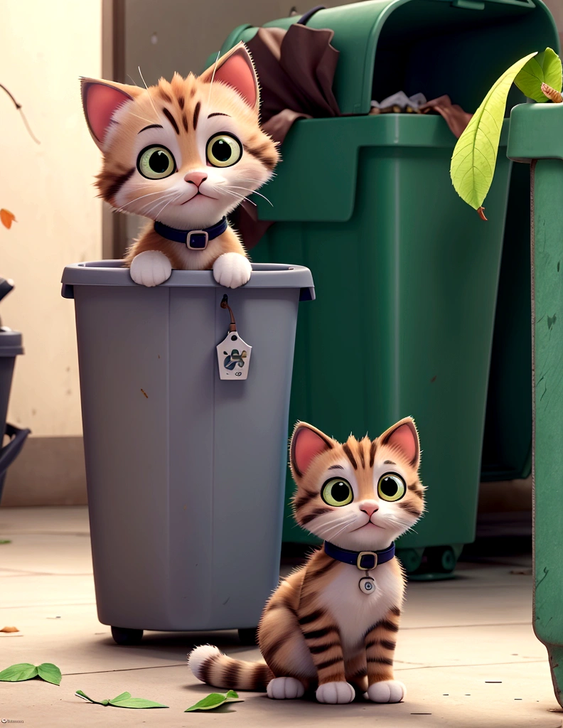 The kitten searches around a trash bin, finding nothing but scraps and a wilted leaf.
