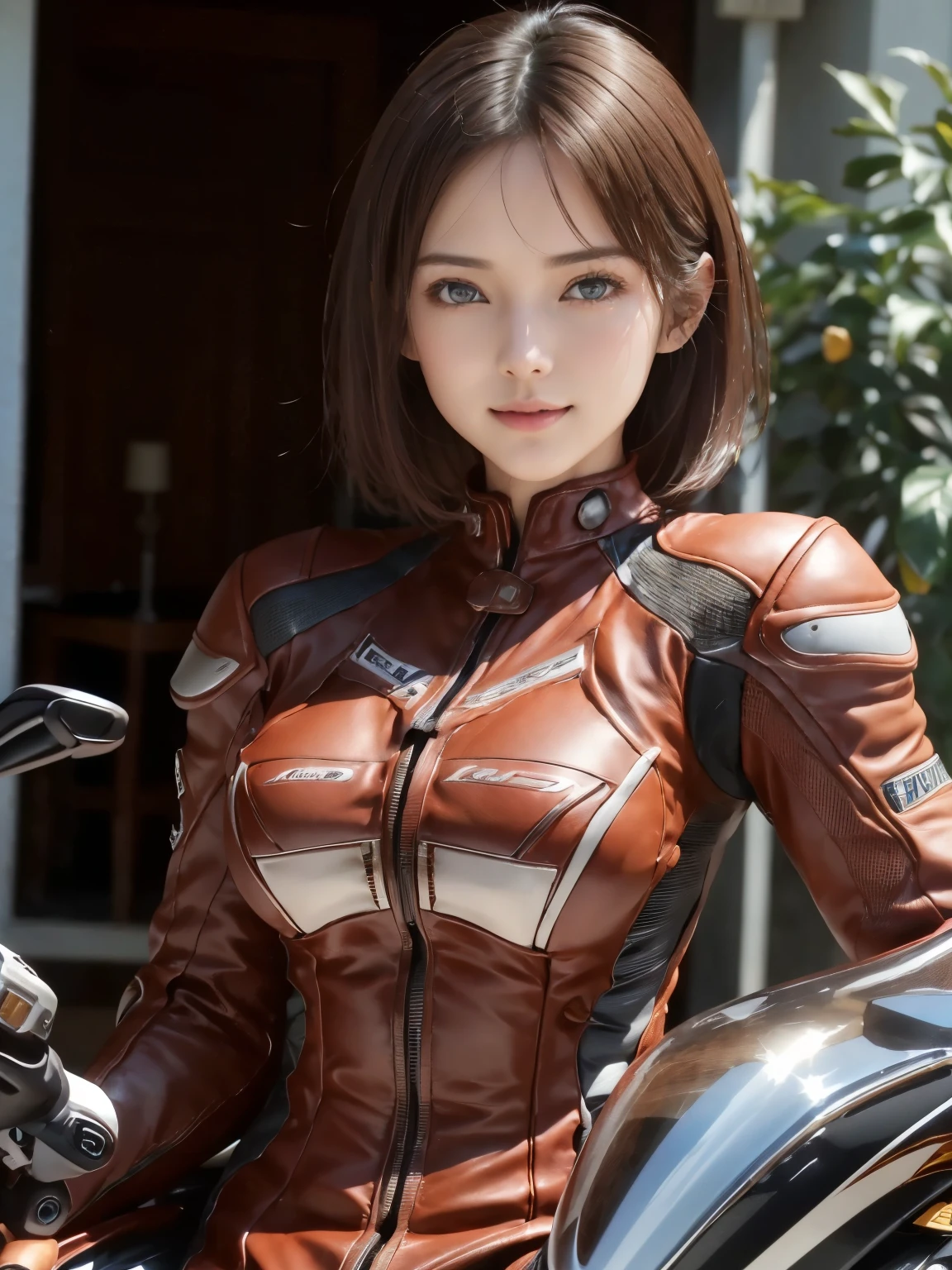 (8K, Highest quality photo quality:1.3), so beautiful, .3d, Brown Hair、Very Short Hair, blue eyes, (Abdominal muscles, Slim figure: 1.1), Sharp focus, (((Intricate details)), Beautiful and delicate lips, Beautiful and delicate nose, Beautiful and delicate face, Beautiful and delicate eyes, ((Realisticなしっとりと白い肌)), (Realistic, Realistic), Cinematic Light, Face Light, Attractive long limbs, smile, (((Detailed Motorcycle)))、(((Riding a motorcycle)))、Full Body Shot、Cherry-colored fitted long-sleeve racing leather suit