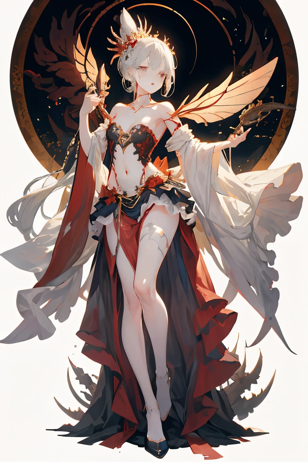 ((best quality)), ((masterpiece)), (detailed), 1girl, Character design, female, dynamic poses, long white grey hair, grey white eyes, very skinny, detailed, best quality, no accesoires around the neck, no shoes, prominent collarbones, skinny arms, flat stomach, visible hip bones, full body, blank white background, plain background, white background, red and white clothing, Bloodborne inspired, occult aesthetic, occult, detailed and intricate steampunk and detailed gothic, NSFW, Very dramatic and cinematic lighting, cosmic horror, grim-dark, side-lighting, perfect face, NSFW, Fluttering lace flared long knee length dress with frilly petticoats, knee length dress, pleated petticoats, petticoats gothic, complex lace boots, side-lighting, gothic aesthetic, wielding a mighty sword with mechanical components, mandalas, small breasts, a fairy, various different types of insect wings, NSFW, full body, whole body, body, plain background, white background, blank background, no background, white background NSFW, chains, full body, whole body, head-to-toe NSFW