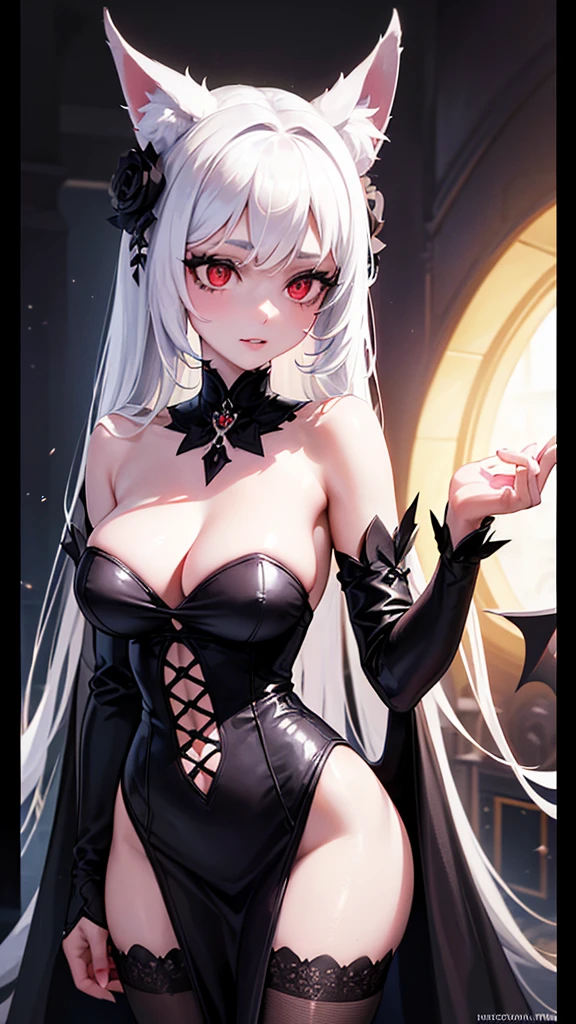 A beautiful girl with cat ears, a furry cat tail, and long white hair, wearing a gothic dress. She has a white furry tail with a brown tip, bat wings, and red eyes. Her slender body has large breasts. (best quality,4k,8k,highres,masterpiece:1.2),ultra-detailed,(realistic,photorealistic,photo-realistic:1.37),1girl, detailed facial features, beautiful detailed eyes, beautiful detailed lips, extremely detailed face and eyes, long eyelashes, elegant gothic dress, furry cat ears, furry white tail with brown tip, bat wings, red eyes, slender body, large breasts, fantasy, dark fantasy, gothic, detailed background
