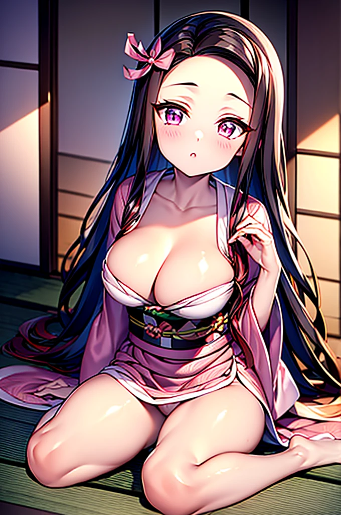 rialistic photo、Real Images、Top image quality、​masterpiece, (Pink kimono), seductived faced, good lighting, beautiful thigh、adult appeal、Adults、Big、cleavage, finely detail, ​masterpiece,I can see my panties、 radiant eyes, 1girl in, A dark-haired, SUCK, Kamado Nezuko, wisteria background, ​masterpiece, top-quality, POV,,