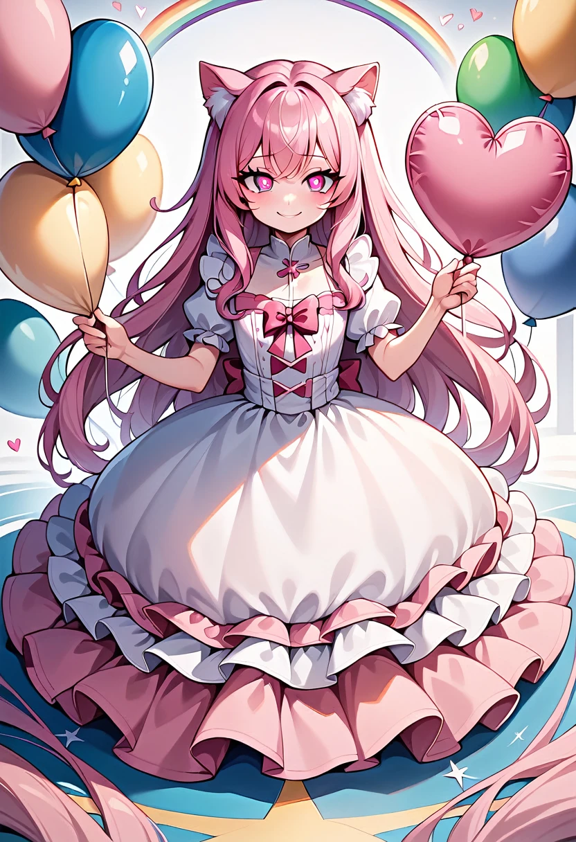 1 girl, PINK cat ears, long pink hair, bangs, ((pink hair color, pink eyes, bright rainbow colors theme balloons, very long eyelashes, fluorescent eyes, bright eyes)), silky hair, girly, (love, loving face, delighted expression, smile), frills, looking at viewer, (full body), all chlothes are pink and pure white, much frills, illustration, (anime coloring), (masterpiece), (best quality), (intricate details), ai-generated, blush with white freckles on cheeks, (beautiful idol frill dress, heart-shaped pupils),