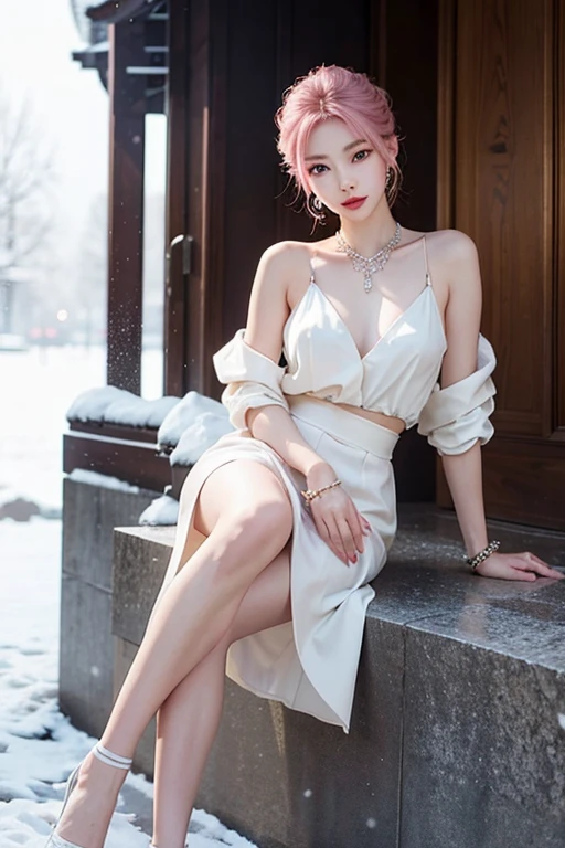 Imagine a stunning Korean model, her beauty and perfect physique captured with meticulous detail by a Canon EOS R5 85mm f/11 camera in 8K resolution, rendering every aspect with lifelike clarity and the highest contrast. The photograph is a masterpiece, showcasing a young woman amidst her surroundings. Her long, lustrous pink hair flows beautifully in the radiant sunlight, each strand delicately highlighted by the breeze.
Her face is a symphony of perfection—ethereal, serene, and exquisitely proportioned. Enhanced by premium makeup, her features gleam with a flawless, radiant glow. Her smile is bright and captivating, revealing immaculately white teeth down to the finest detail. Her lips are adorned with glossy red lipstick, adding allure to her already enchanting expression.
Her brown eyes shimmer with a sultry, well-defined makeup, capturing every nuance and depth with striking realism. Her eyelids are softly gleaming, and her lashes, accentuated by high-end mascara, are long and luxurious. The subtle pink eyeshadow complements her flawless complexion—porcelain smooth, impeccably toned, with visible pores lending an air of authenticity to her flawless skin.
Tall and statuesque, her slender legs glisten under the direct sunlight. Her hands are perfectly manicured, without a single flaw. The sunlight bathes her face, casting a warm glow across her front.
She is adorned with elegant accessories—a pair of earrings, a necklace, a slim blouse, a glossy leather skirt, high-heeled shoes, and bracelets—a combination that enhances her sophisticated appearance.
The close-up shot captures her on a snowy, icy street, the cold wind biting and freezing, creating an ethereal, dreamlike atmosphere of solitude and anticipation, amidst snowflakes gently falling like hopes suspended in time. In the backdrop stands a solitary lamppost.