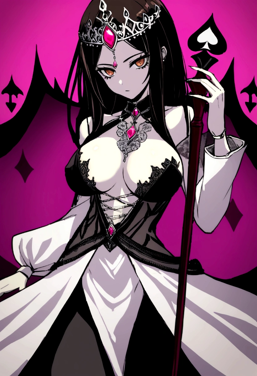 Queen of spades pattern design,poker,Draw an image of an aristocratic woman, Alabaster skin and brown eyes that exude a brutal aura., She wears a sinister tiara studded with dark jewels.,(D cup breasts),Wearing a sexy dress, She holds a scepter decorated with evil symbols, disaster々A strong, malicious royal aura.