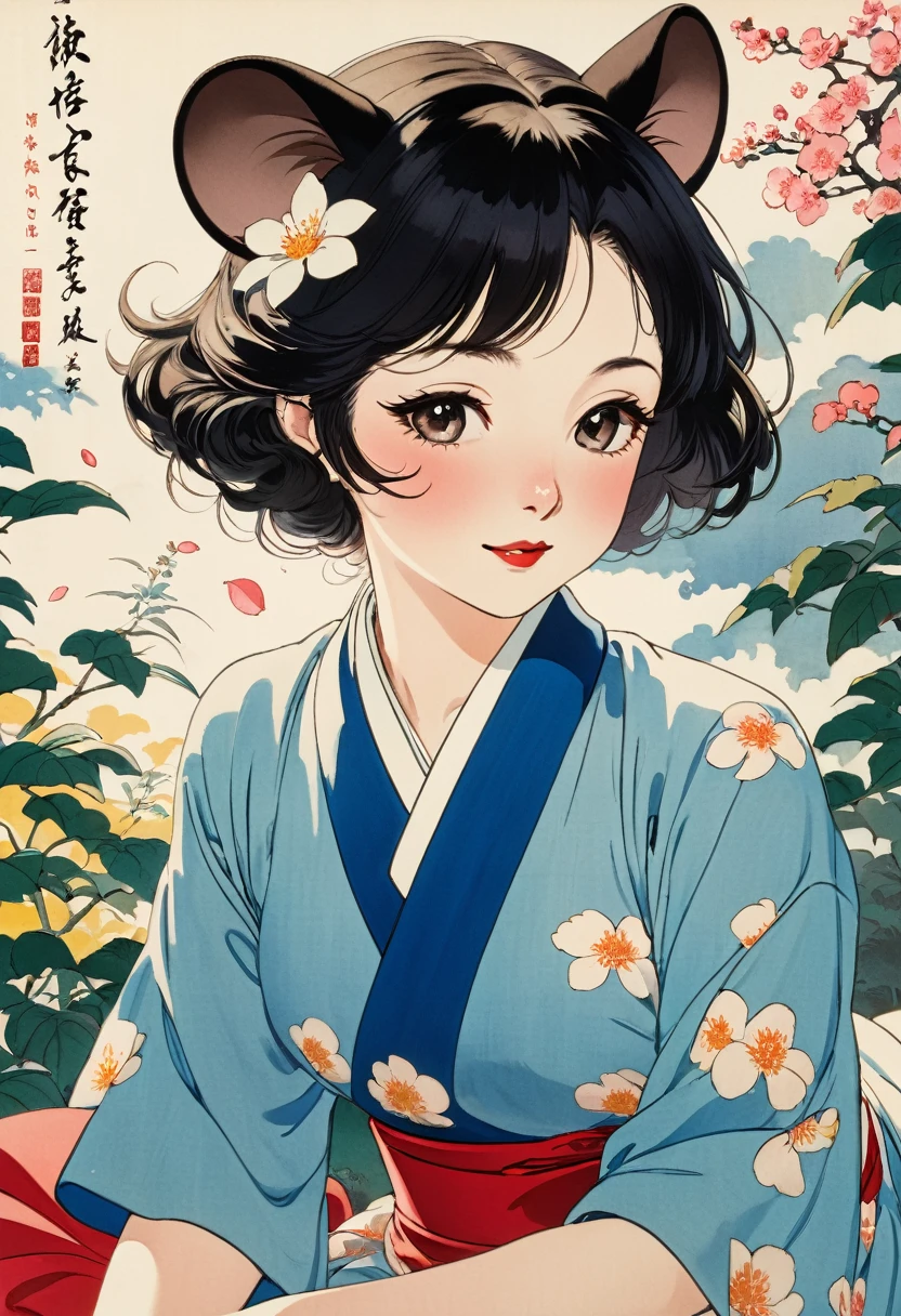 (Ito Shinsui style:1.2) , Hallucination, daydream , nightmare , Insane Dream , bokeh , erotica , romance , realistic mouse nymph and realistic cat , Taisho period waitress uniform , Petals fluttering down , Single eyelids, round nose, swollen cheeks , glossy lips , Collarbone , Disheveled Hair , Scorching Heat summer , (Roll up the hem with hands:1.5) , innocent smile , (dynamic move)