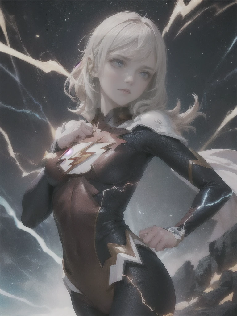 ((masterpiece)),(Highest quality), ((Mature Female 1)), ((Complex and tight clothing, Perfect body)), ((Cinematic)), dynamic:1.2, particle:1.2, (pastel:1.2), (intricate Cinematic background:1.2), (Written boundary depth), (Action Movies), wonderful, ((dramatic scene from the movie)), Powerful, Realistic Light, (((Gaussian blur:1.2))), (Ultra-realistic:1.3), ((bloom effect:1.2, Soft lighting)), The birth of creation,   ((Magnificent galaxy sky background、Energy-filled colorful light flow)), Professional Color Grading, Soft Shadows, No contrast, Crisp and sharp focus, nebula, 超High resolution, High resolution, 16K, knight, armor, ((Blue Lightning)), (Inspired by The Flash:1.5), (Super-luminous eyes that shine like lightning:1.3), (Goddess of Speed), (Spectacular appearance), Detailed face, Perfect hands, (((Exquisitely crafted clothing))), (3D Art Style:1.2), ((Sporty body)), ((close:1.2), Stern expression, Beautiful Face