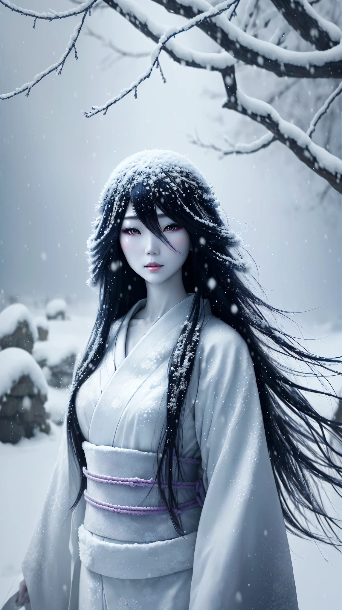 Japanese woman in a kimono standing in the snow, The sharp gaze of the Yuki-onna, Beautiful avatar photos, Very long snow-colored hair, Winter Goddess, Beautiful ancient frost witch, Portrait of Sadako from the Ring, Beautiful digital artwork, White Anime Barbie, very Beautiful digital art, Beautiful digital art, Jinnah Chan, Beautiful and gorgeous digital art