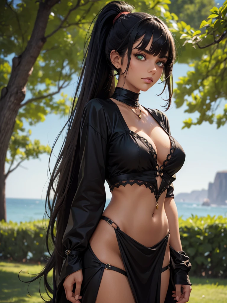 (best quality), 1girl, female, bronze skin, black hair, high ponytail, side swept bangs, long hair, green eyes, perfect eyes, tan lines, (gothic clothes), smug, masterpiece, anatomically correct, highres
