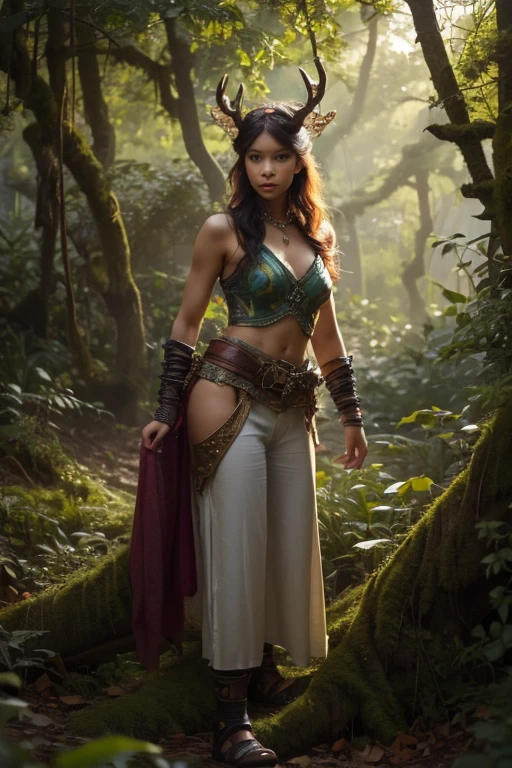 A YOUNG WOMAN, young GIRL, Queen Borneo Forest, strange, contains secrets, a mysterious creature, has big bat wings, pitch black, clothes made from the skin of a wild bull full of blood, flat facial expression, cold glazed eyes, on her head grows very large stag antlers, tied His waist is made of tree roots, he wears trousers made of dragon skin, his arms are covered in three layers of thick tree bark armor, and on his left and right arms are bracelets made of cream jade. In his left and right hands he holds daggers made of sparkling marble. Her shoes were made of elephant skin, and the beautiful young woman wore a covering made of male crocodile skin around her neck. original photos, real, natural, professional photography. Background, shady forest, giant and very old tree trunks, damp, mossy.
