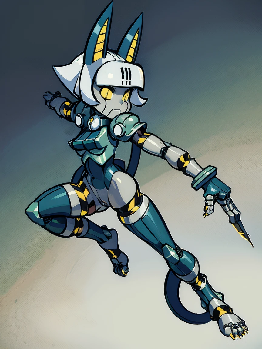 (masterpiece), best quality, mechanical girl, robotic body, punch, mecha, cat ears, metal body, naked metal body, grey body, full body, white background