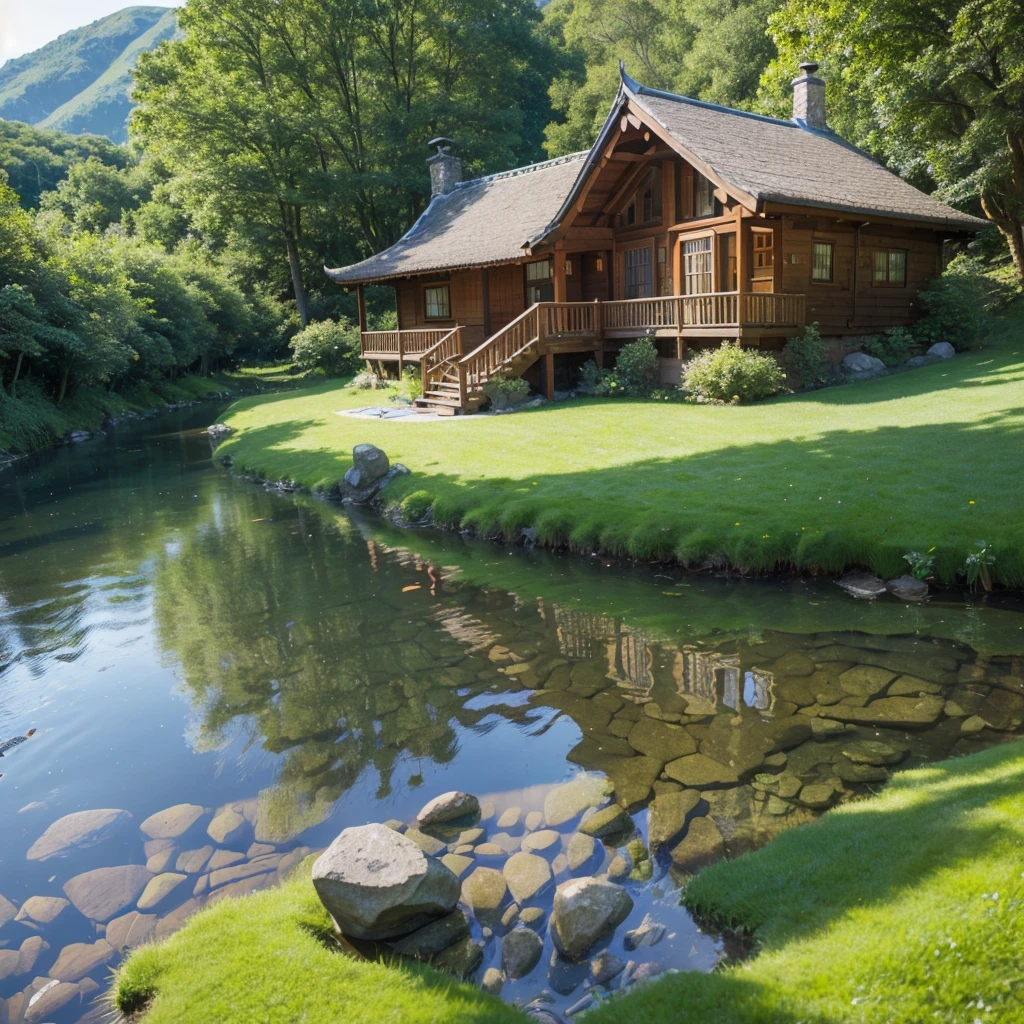 a wooden cottage on the top of the grass hills, a shallow crystal clear small river near the hill. some flower bushes grows near the mossy stones along the river, mountain, blue sky,