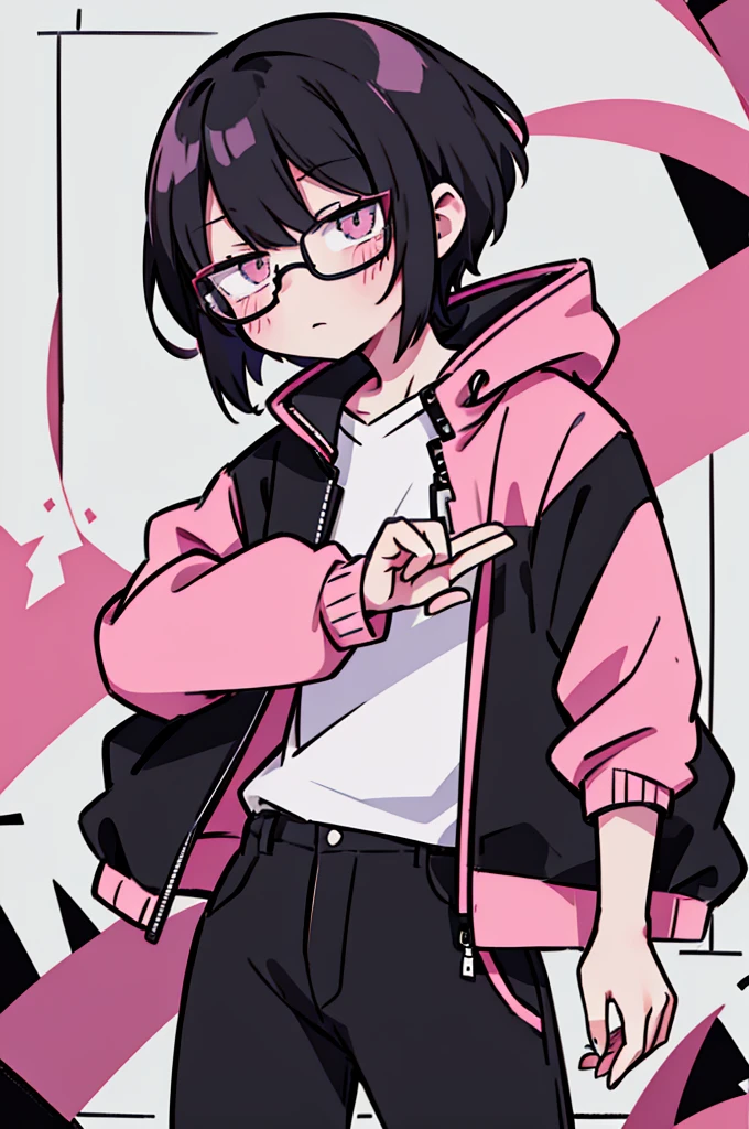 black pants, Sharp image, man, Black hair with pink ends, wearing a pink jacket. , has a dull, bored face, wears round glasses, has short, neat hair,