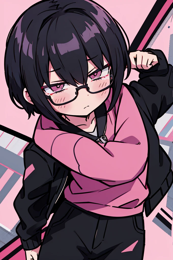black pants, Sharp image, man, Black hair with pink ends, wearing a pink jacket. , has a dull, bored face, wears round glasses, has short, neat hair,